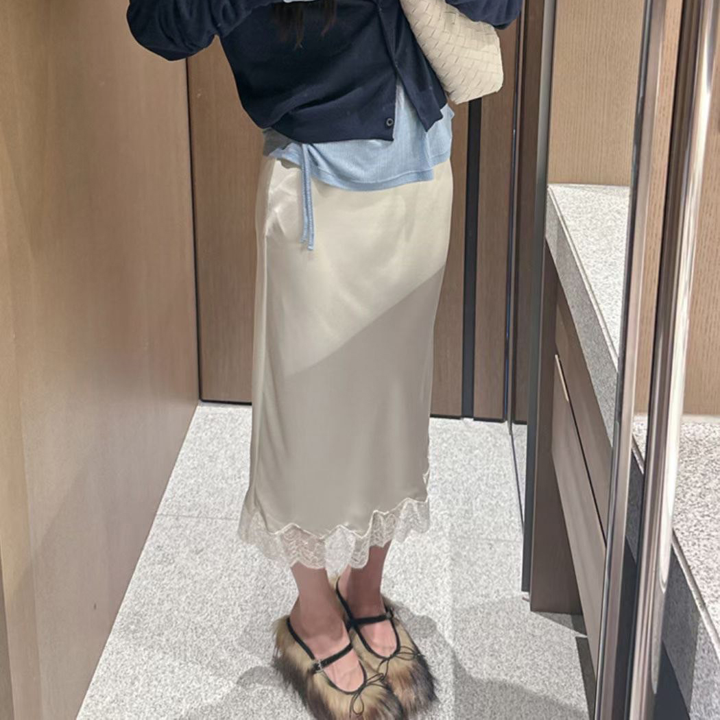 緞面光澤感拼接蕾絲鉛筆裙長裙-F / 4色