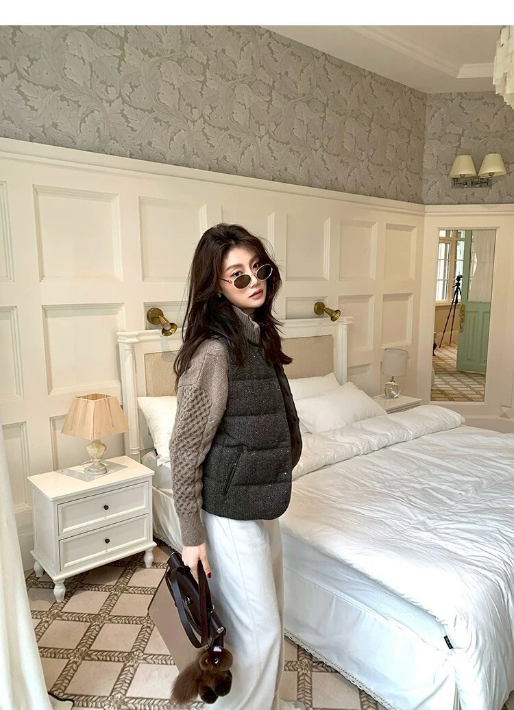 石墨灰微亮片圓領澎澎鋪棉背心外套-S-L (Elegant & Love)