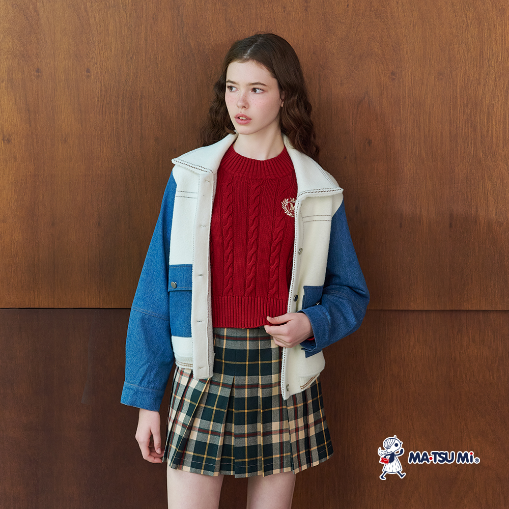 MA‧TSU Mi 異材質撞色拼接車線感翻領開釦式大口袋磨毛外套(白)