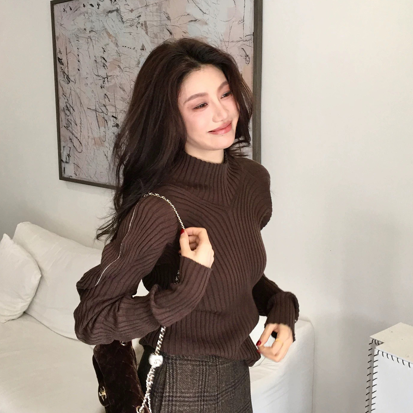 抓摺手袖造型30%羊毛立領上衣-S-L (Elegant & Love)