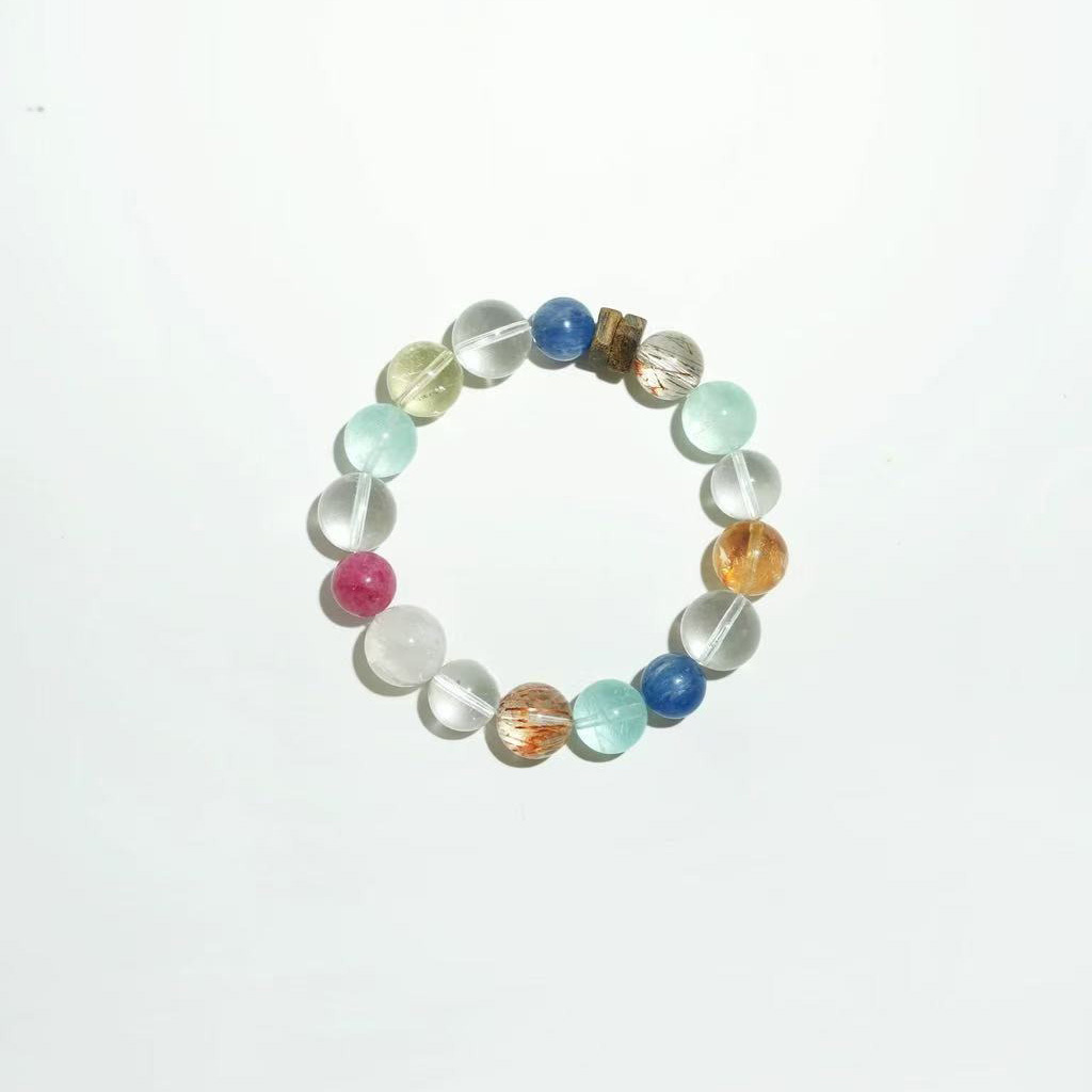 【海島玫瑰】白水晶x藍晶石x黃水晶x黑金超七x雪花幽靈x螢石x薔薇石x黃塔晶x沉香多寶多功效水晶手鍊