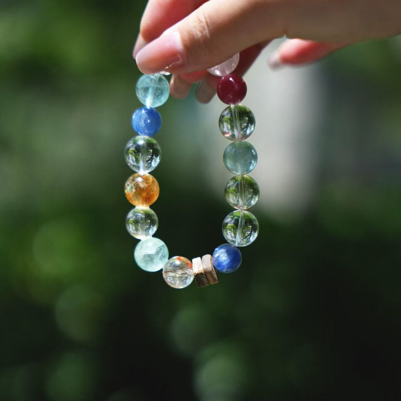 【海島玫瑰】白水晶x藍晶石x黃水晶x黑金超七x雪花幽靈x螢石x薔薇石x黃塔晶x沉香多寶多功效水晶手鍊