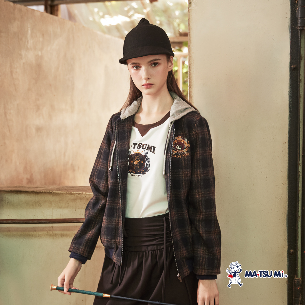 MA‧TSU Mi 學院風格紋毛呢可拆式異材質連帽外套(咖)