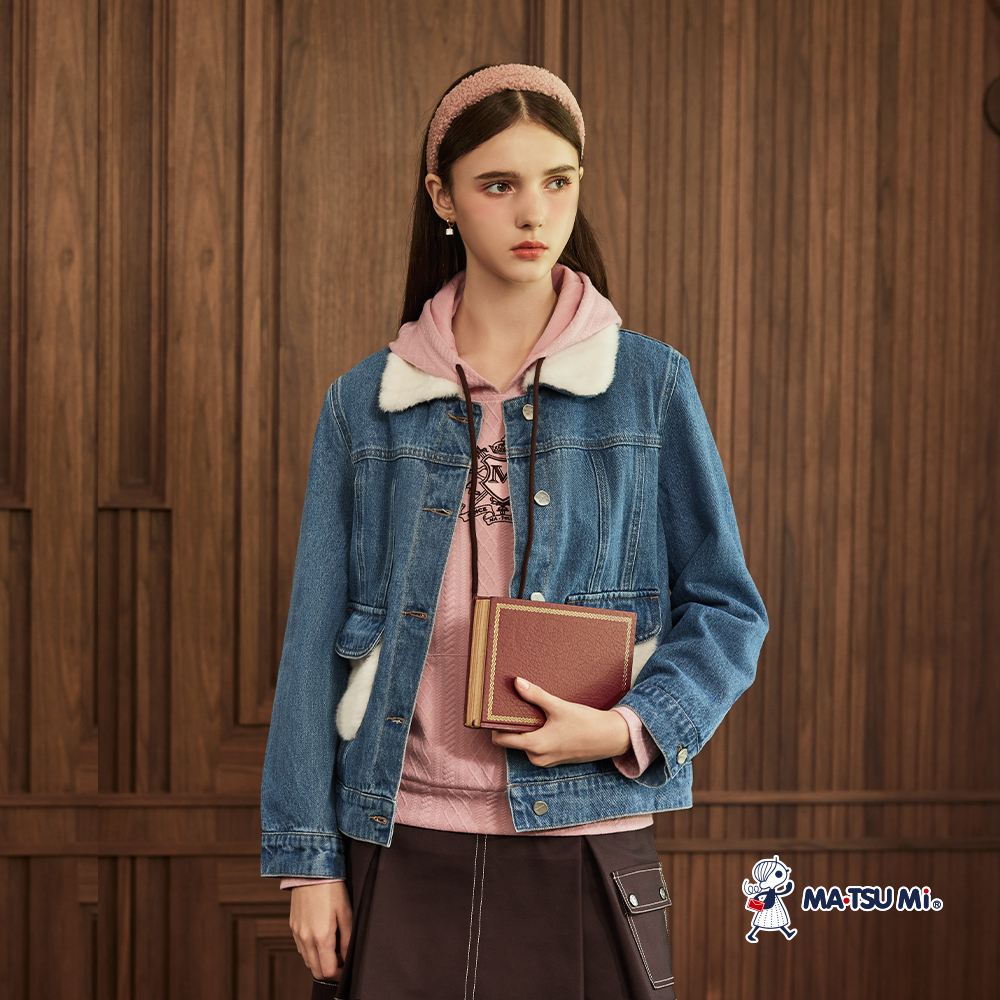 MA‧TSU Mi 異材質拼接翻領撞色柔軟絨毛開釦式丹寧棉外套(水藍)