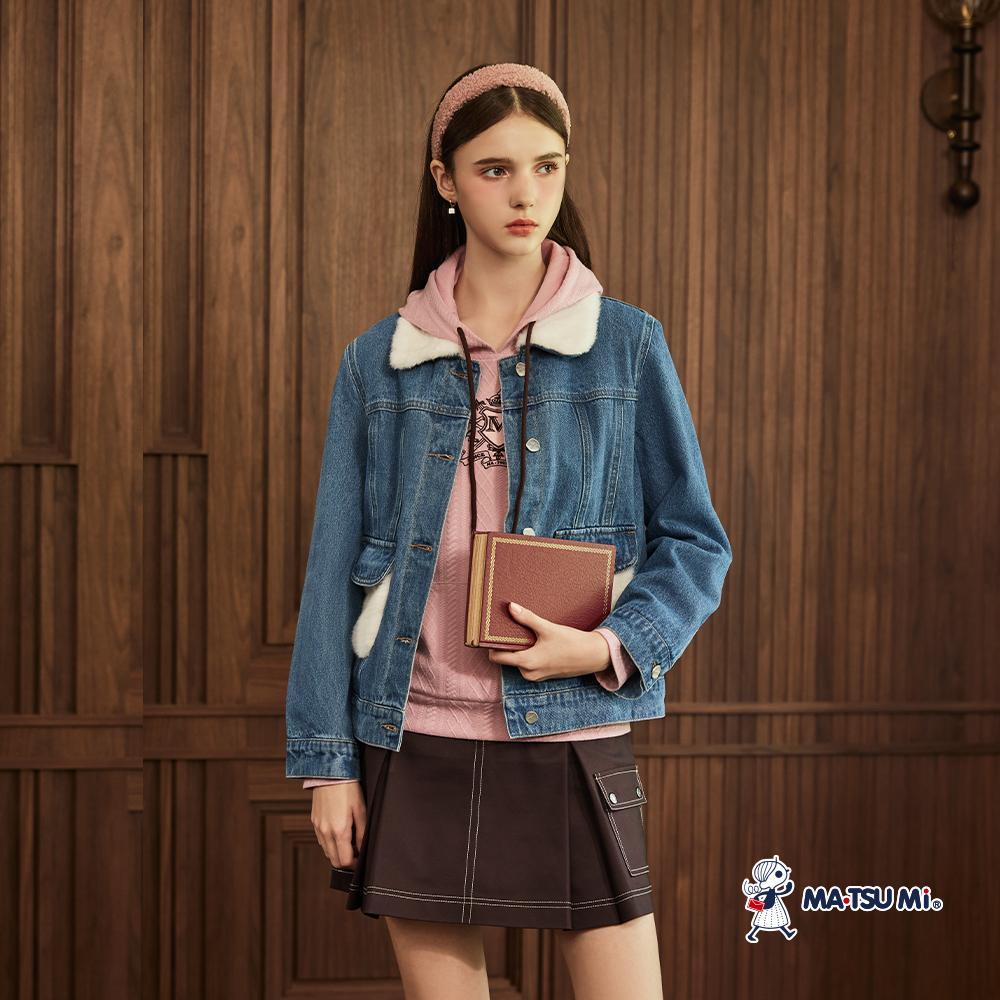 MA‧TSU Mi 異材質拼接翻領撞色柔軟絨毛開釦式丹寧棉外套(水藍)