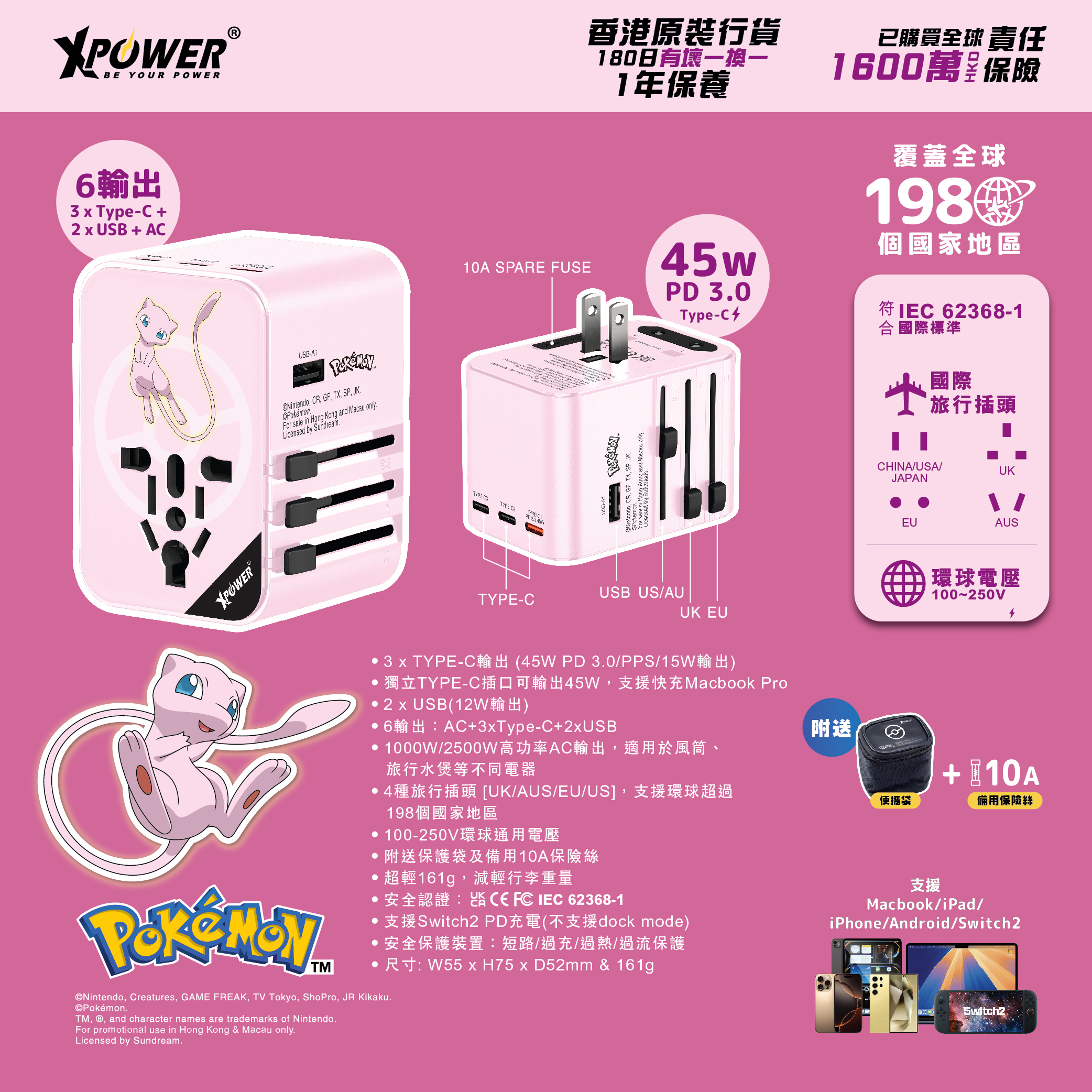 Pokémon 夢幻 TA45B 45W 6輸出 PD3.0/PPS快充旅行充電器 Pokemon