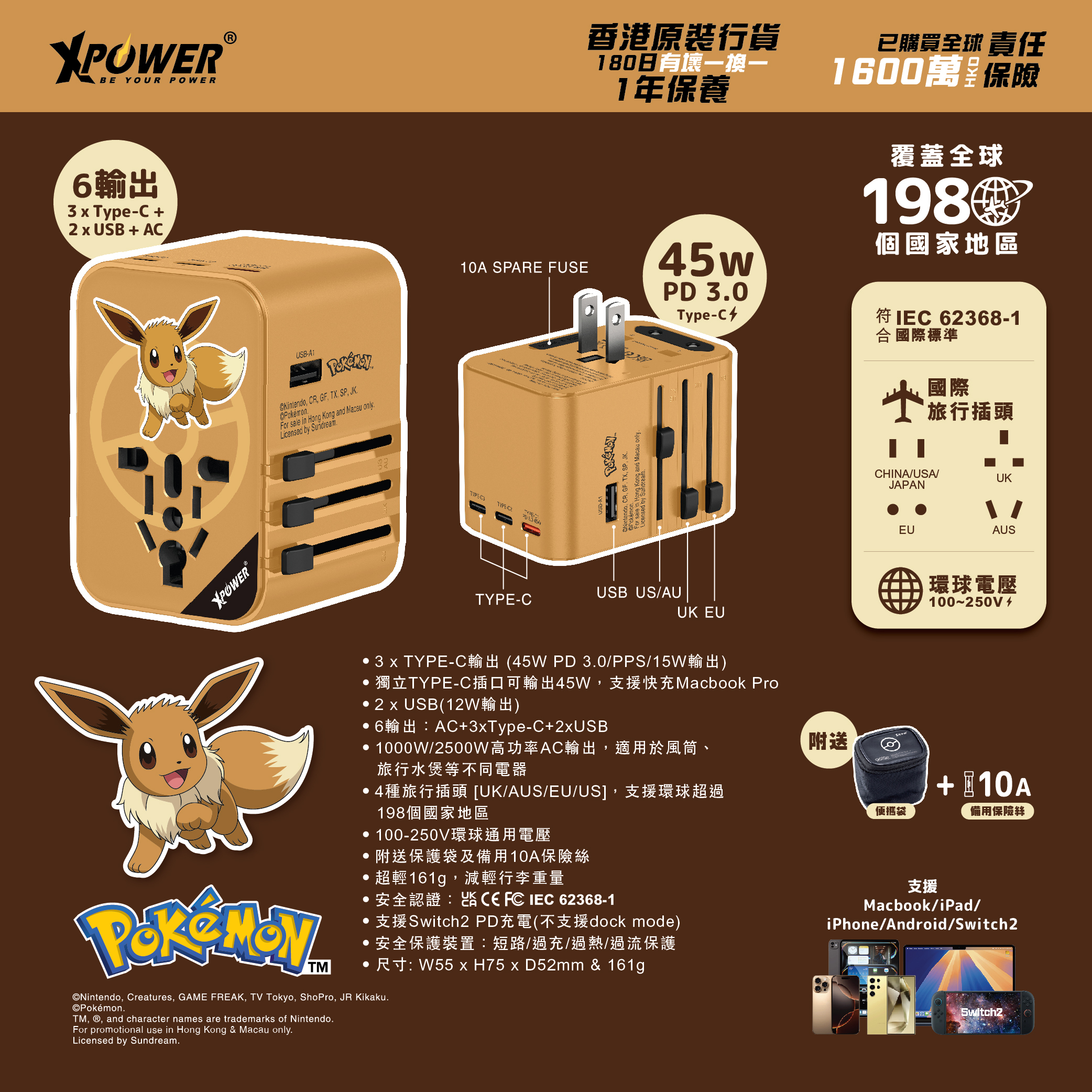 Pokémon 伊布 TA45B 45W 6輸出 PD3.0/PPS快充旅行充電器 Pokemon