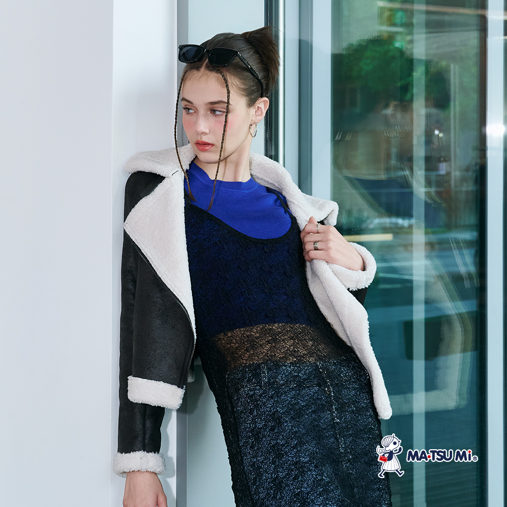 MA‧TSU Mi 柔軟內刷厚毛絨異材質拼接短版拉鍊夾克外套(黑)