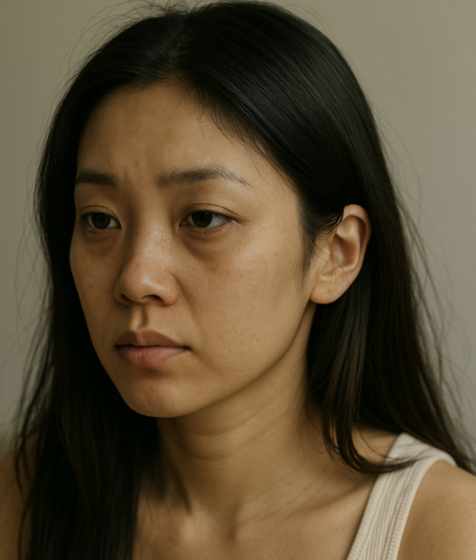 特寫一位亞洲女性的面部,她表情嚴肅、目光低垂,可能表現出疲憊、憂鬱或壓力的情緒,眼下有明顯的黑眼圈或眼袋,長直黑髮披肩