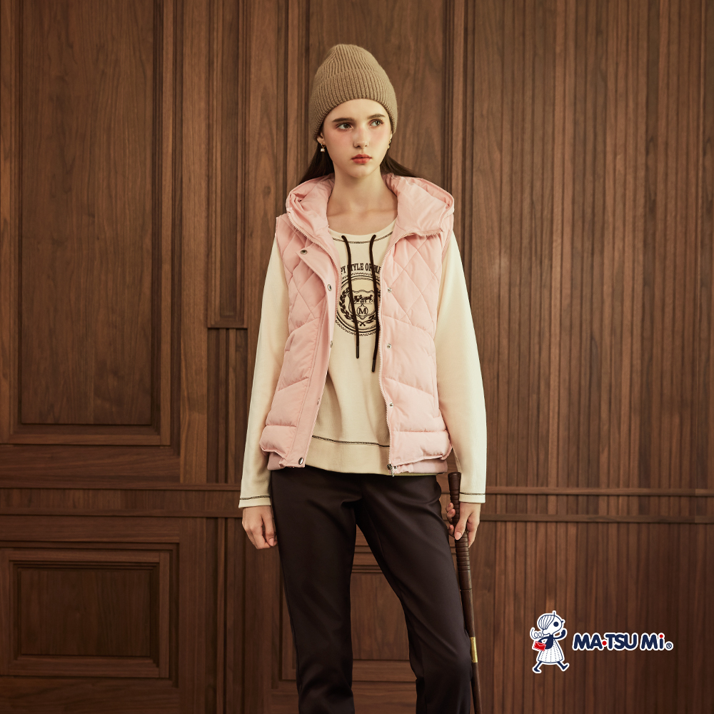 MA‧TSU Mi 菱格紋開襟連帽鋪棉背心(粉.卡.黑)