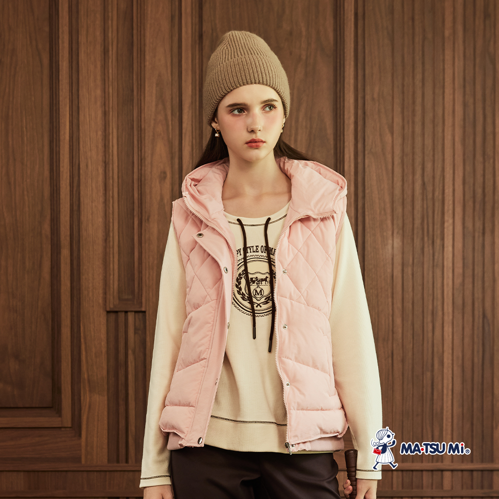 MA‧TSU Mi 菱格紋開襟連帽鋪棉背心(粉.卡.黑)