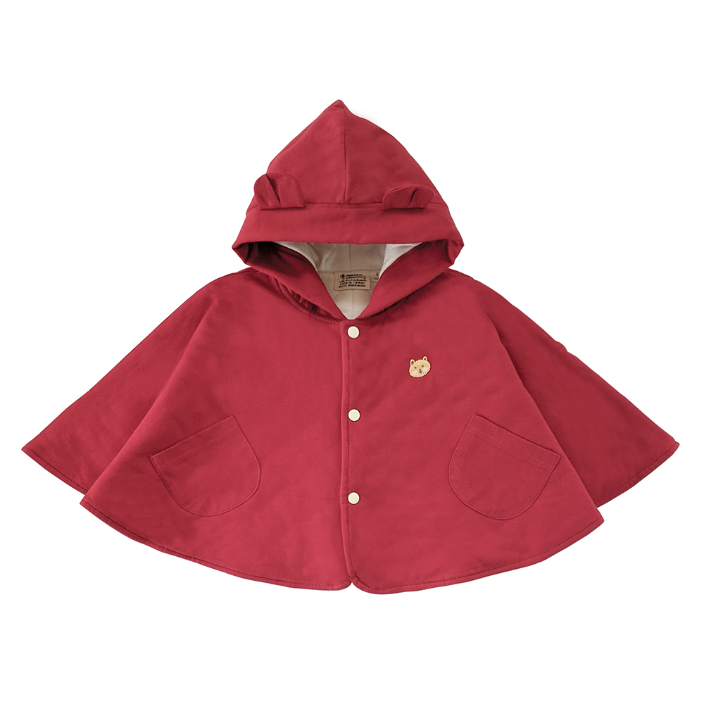 有機棉嬰幼兒熊耳連帽鋪棉斗篷-嫣紅 | 藍天畫布有機棉