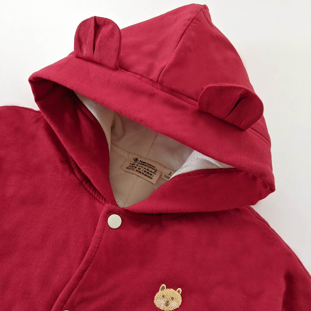 有機棉嬰幼兒熊耳連帽鋪棉斗篷-嫣紅 | 藍天畫布有機棉