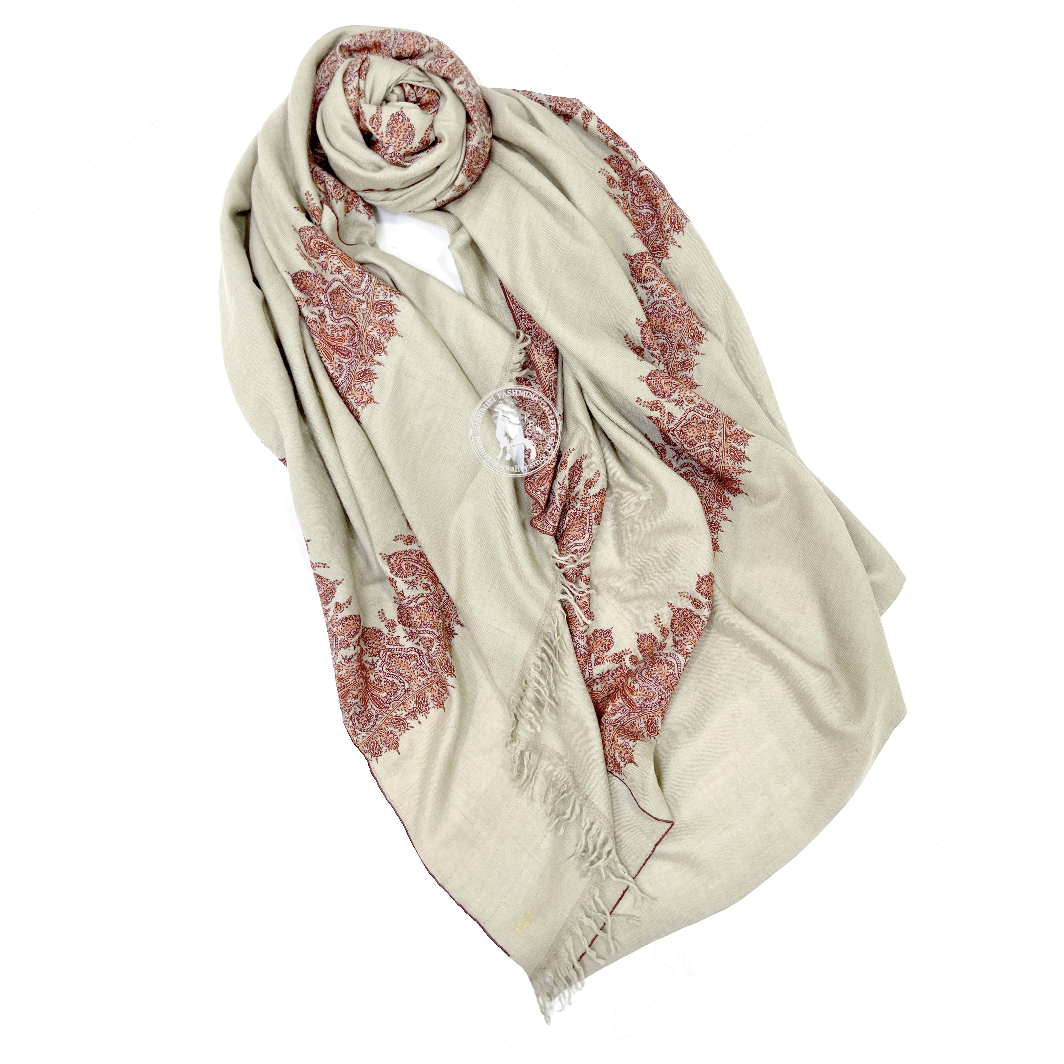 卡其色喀什米爾山羊絨邊緣刺繡披肩