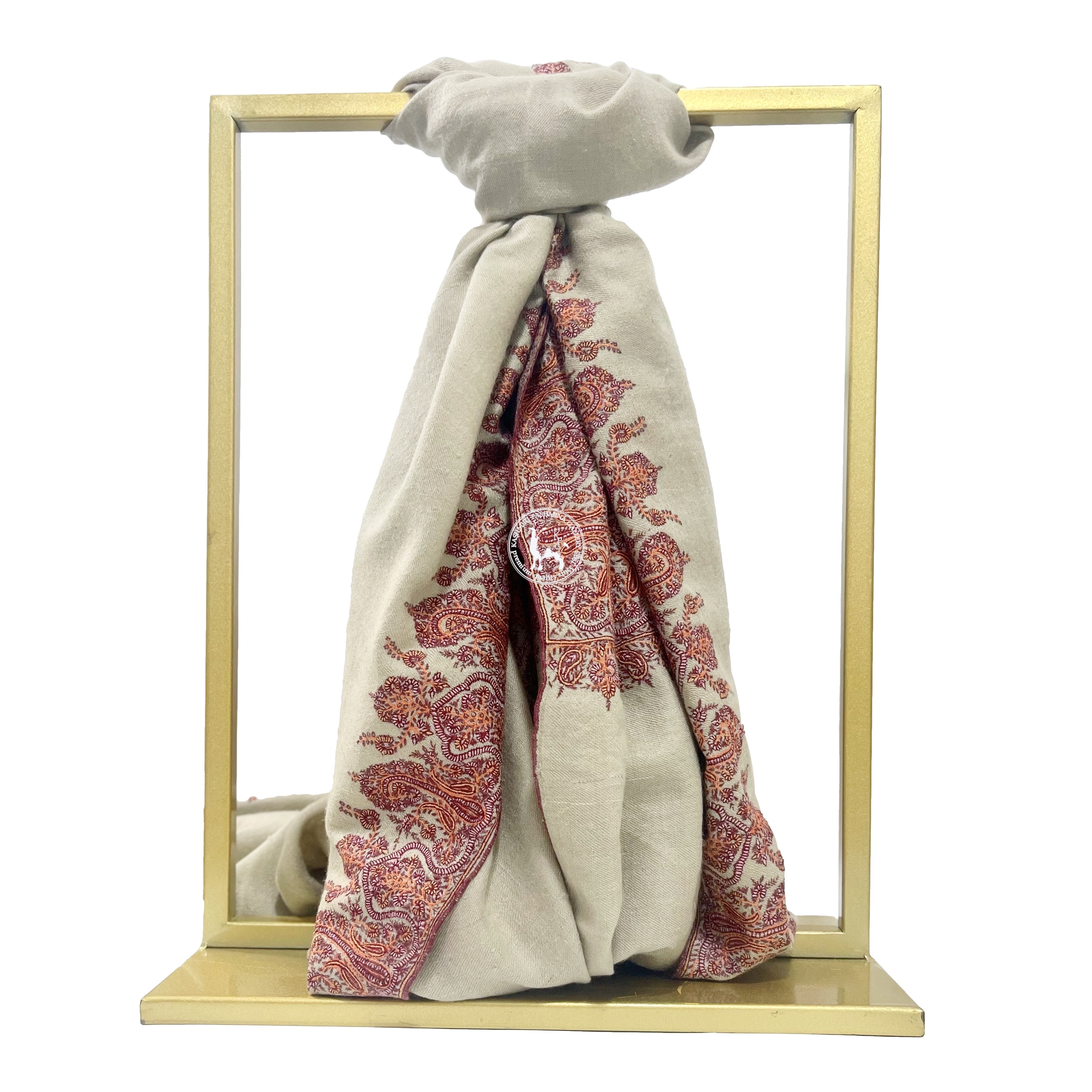 卡其色喀什米爾山羊絨邊緣刺繡披肩