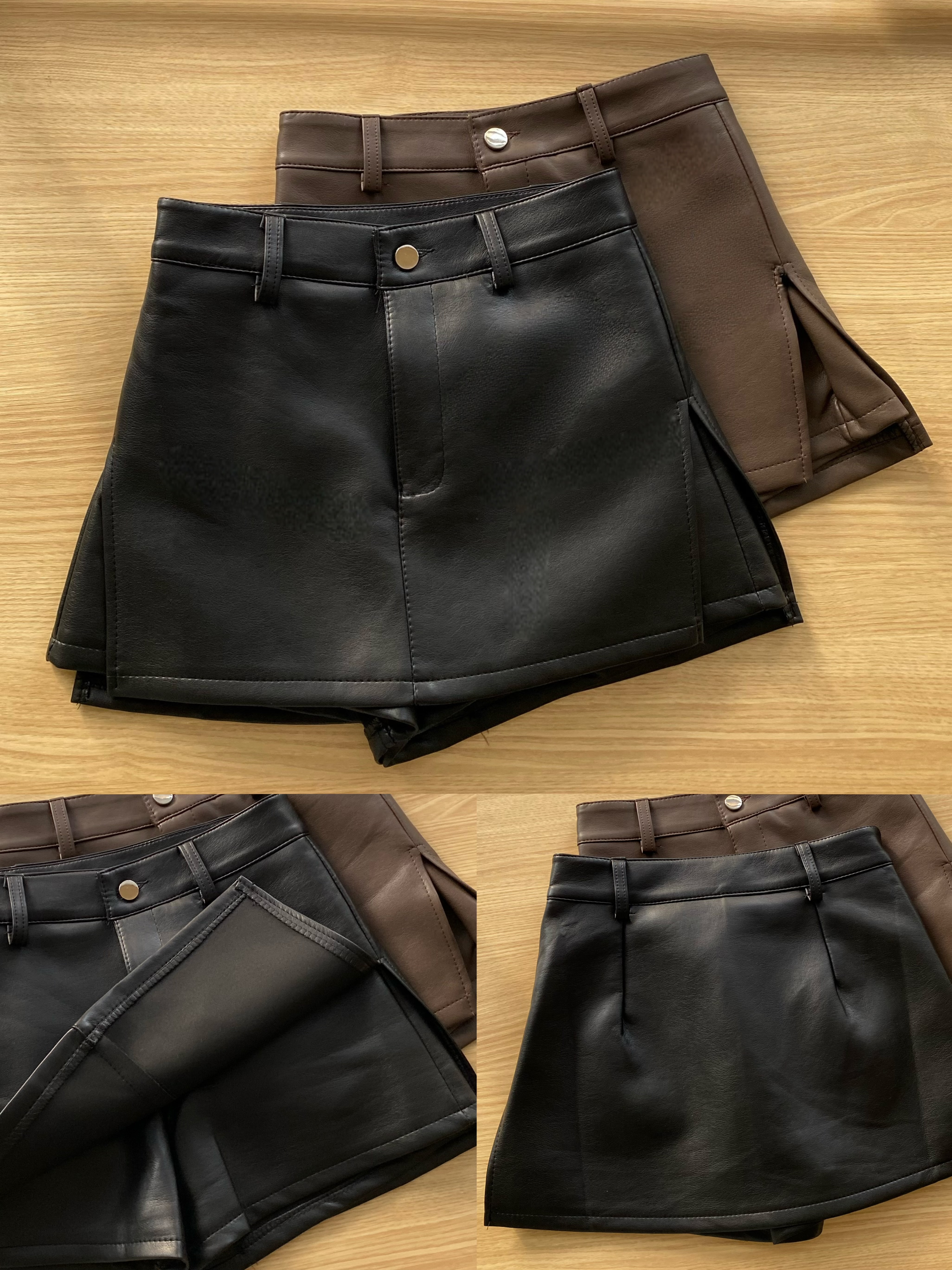 俐落挺版開叉皮革褲裙