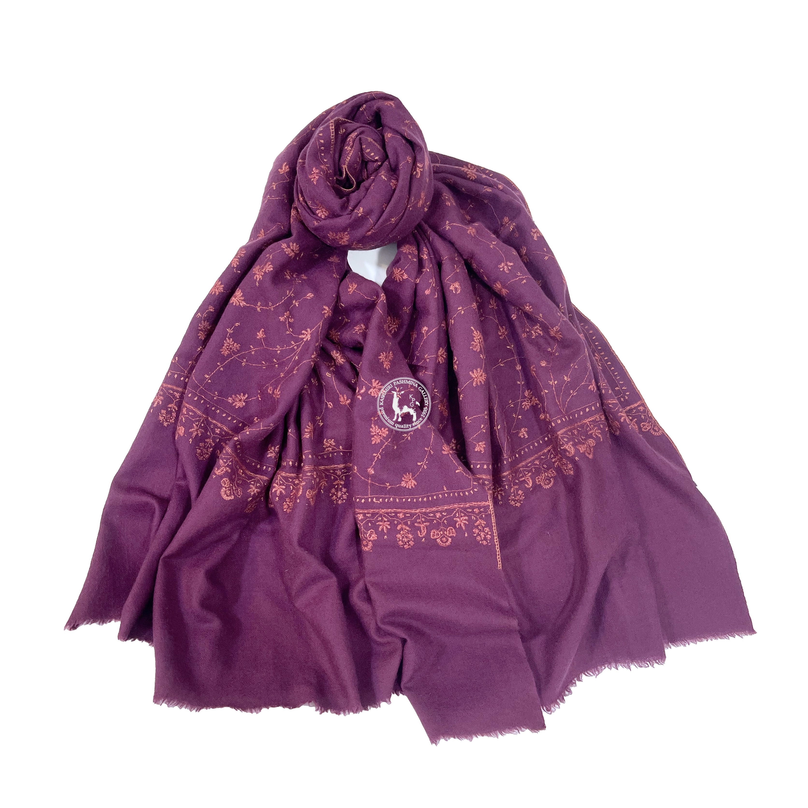 紫紅色刺繡喀什米爾羊絨披肩