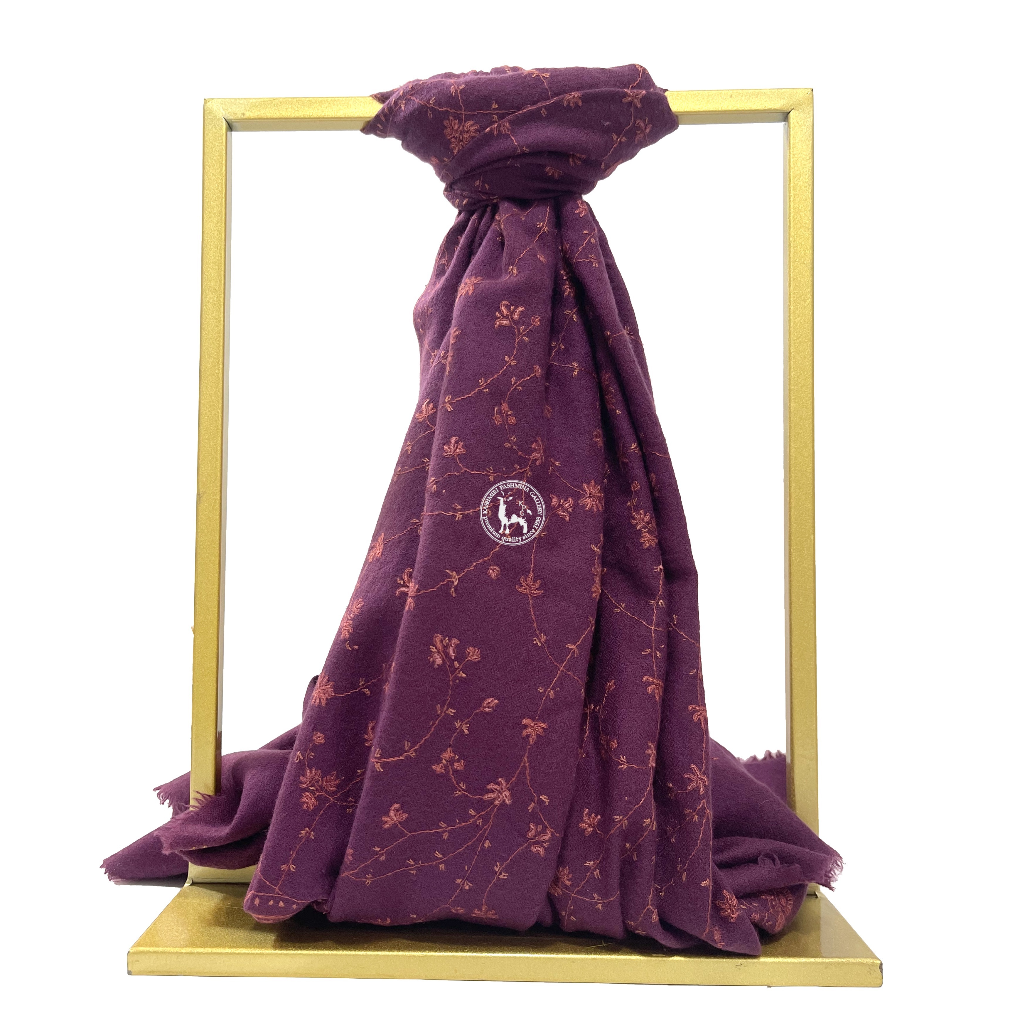 紫紅色刺繡喀什米爾羊絨披肩