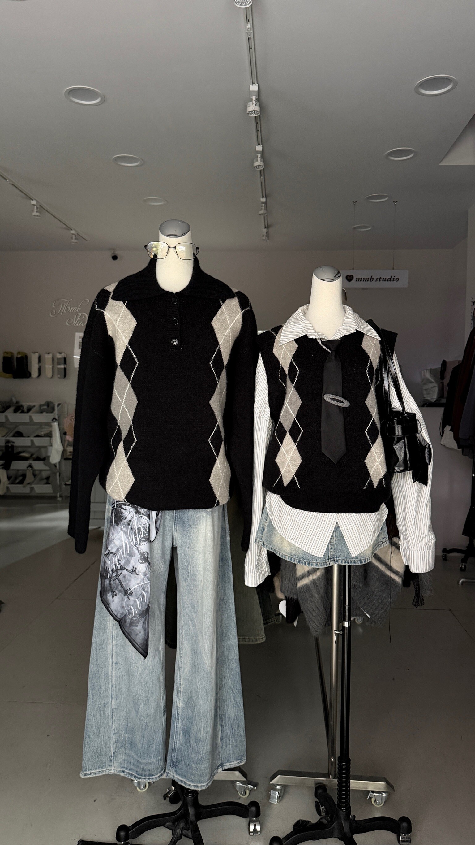 mmb菱格紋polo領毛衣/針織背心