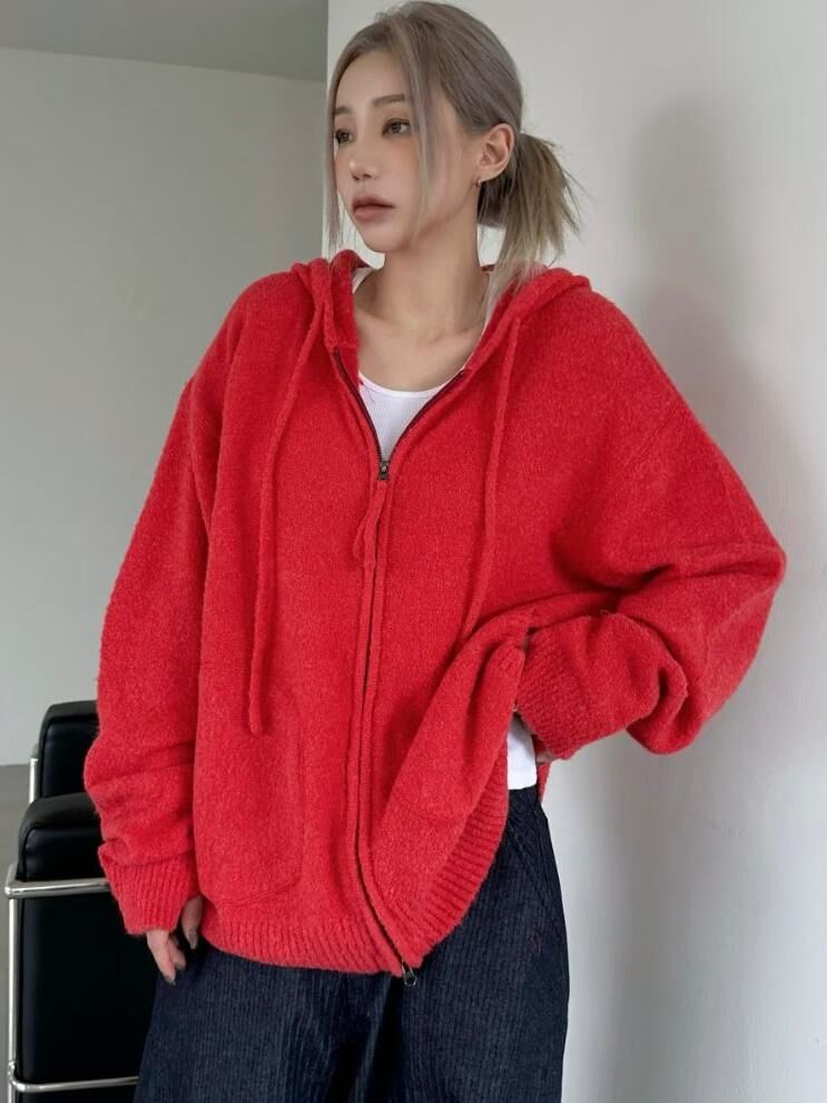 淨色連帽拉鍊針織外套 JK2734