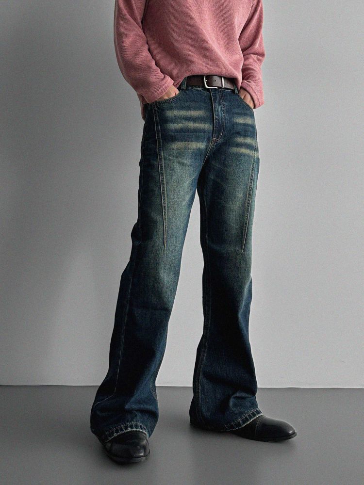 切線貓刷水洗靴型牛仔褲