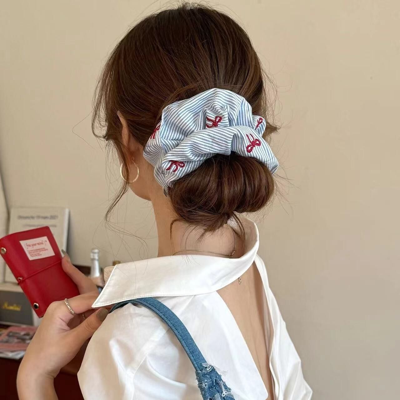 [3 FOR RM10] Embroidered Red & Blue Striped Scrunchies