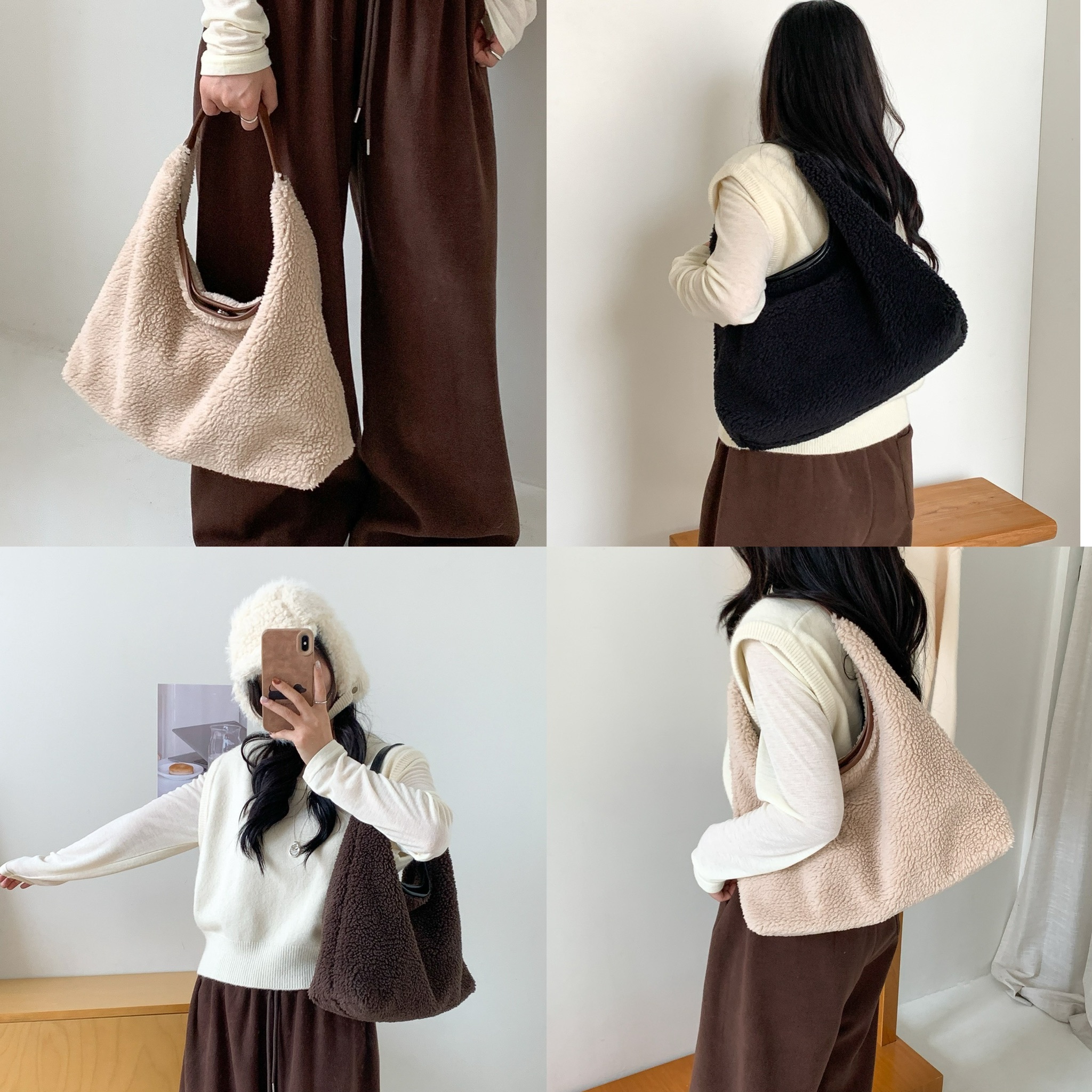 撞色羊羔毛拼接托特包