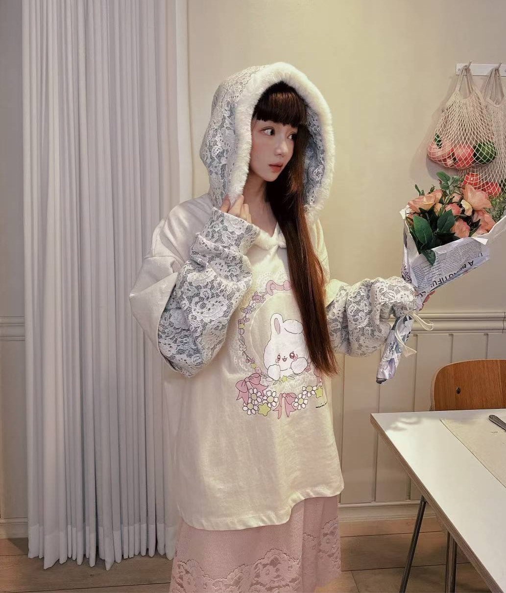 毛邊蕾絲連帽兔兔T