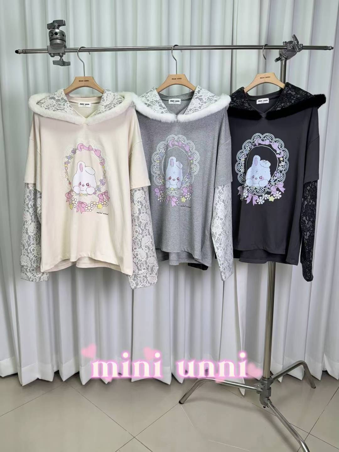 毛邊蕾絲連帽兔兔T