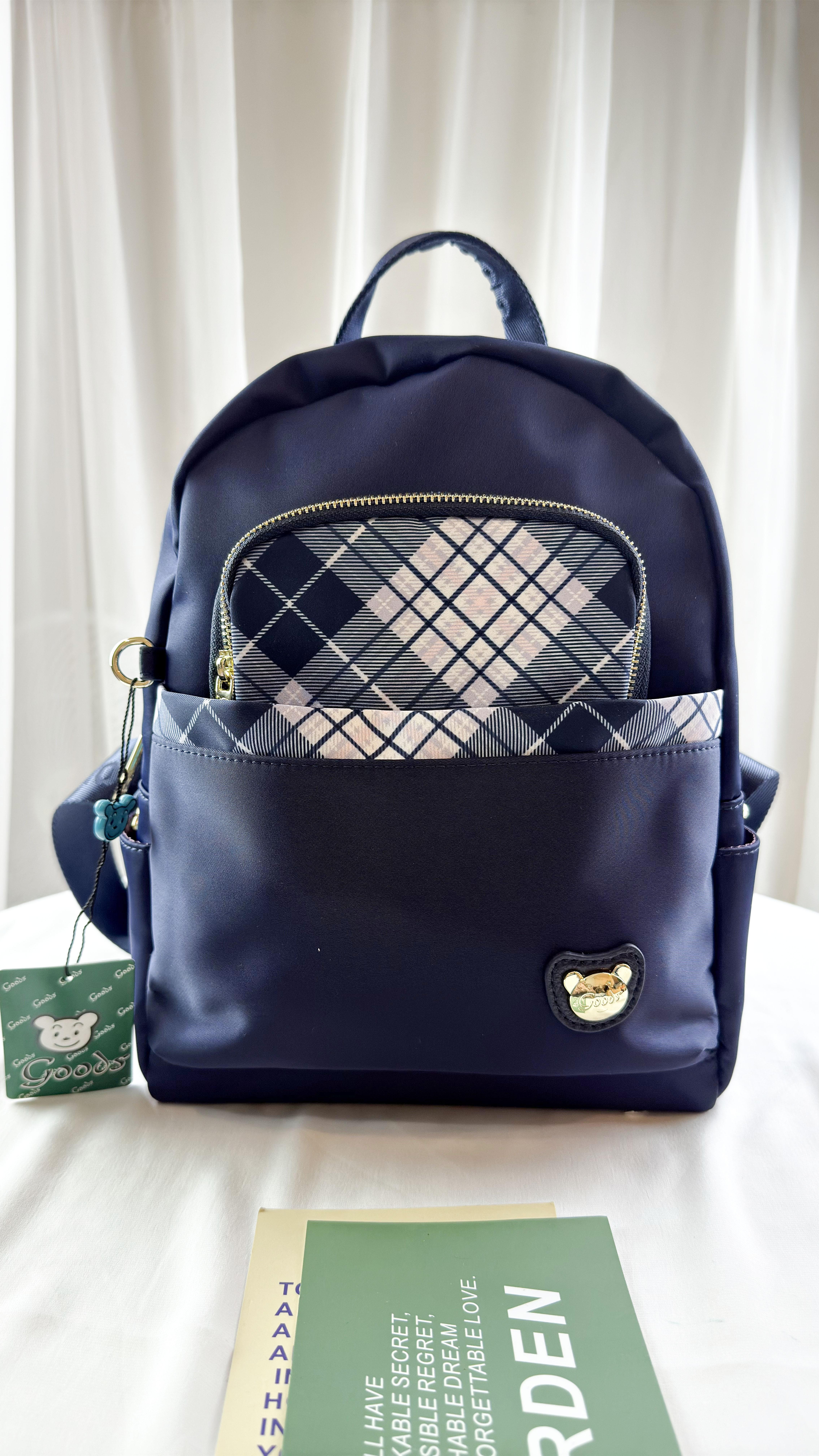 GOODS 英倫格紋藍拼色防潑水後背包 #2539