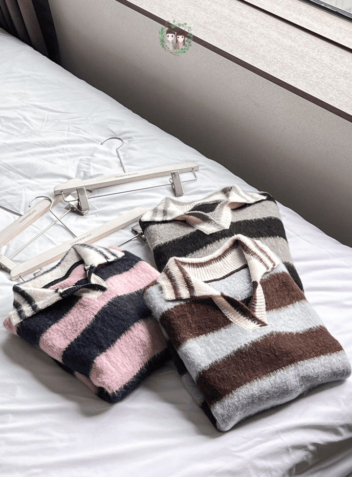 超靚撞色間紋毛毛翻領上衣〈🇰🇷DAY 1〉