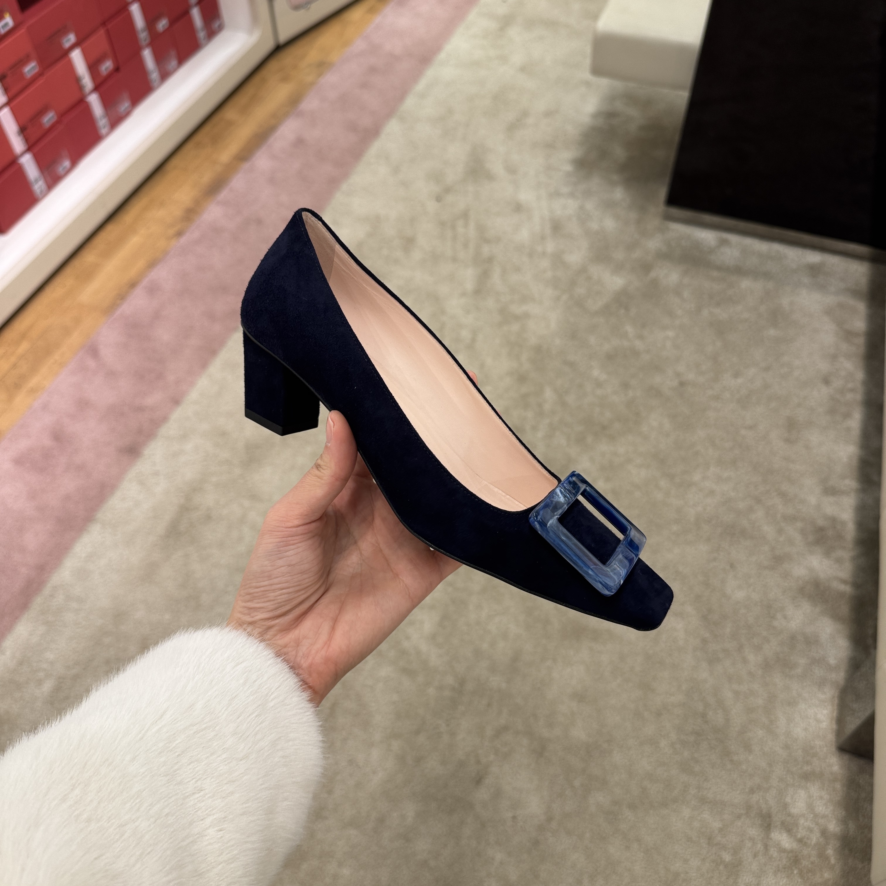 Roger Vivier RV Belle Vivier Stone Buckle Suede Heels Navy