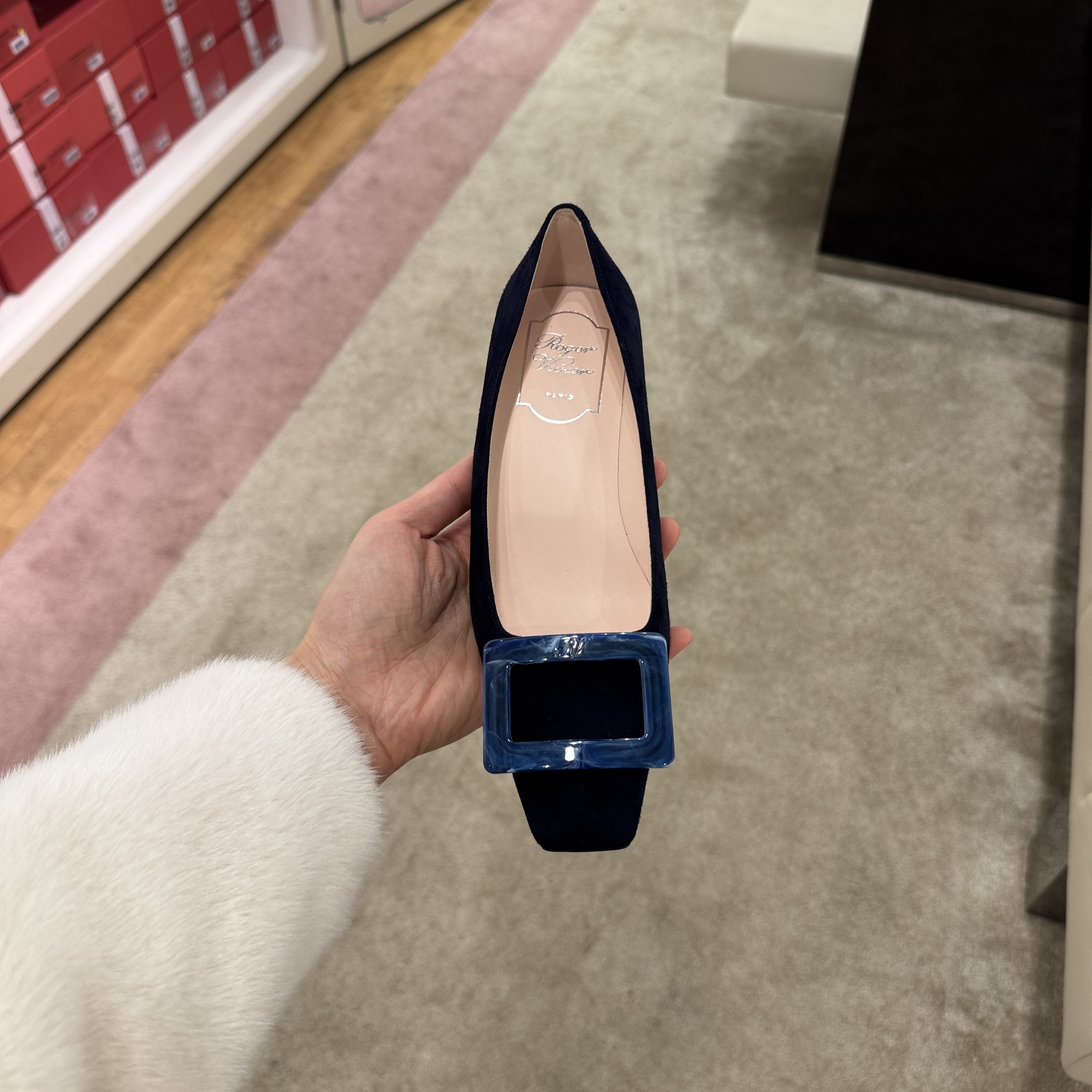 Roger Vivier RV Belle Vivier Stone Buckle Suede Heels Navy