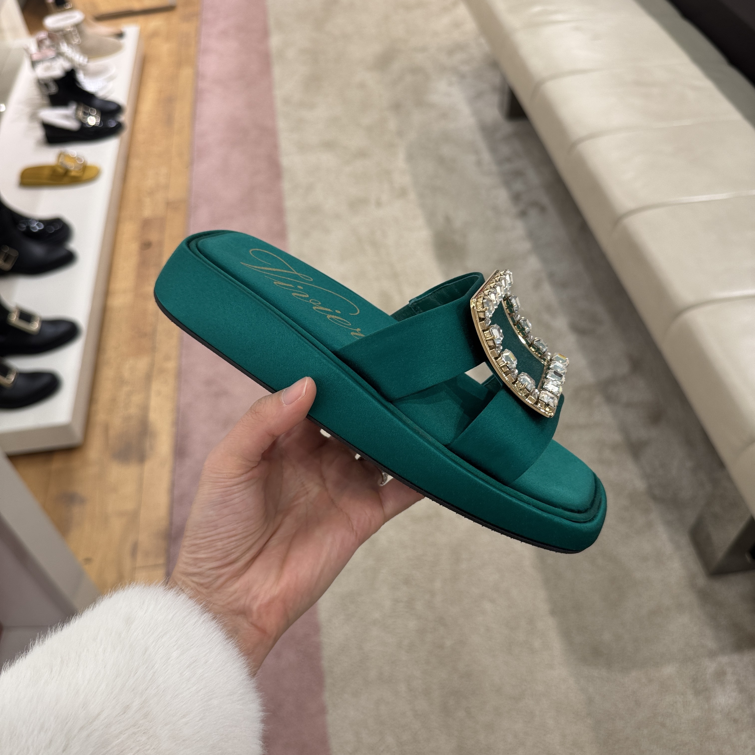 Roger Vivier strass slidy sandals mules satin green