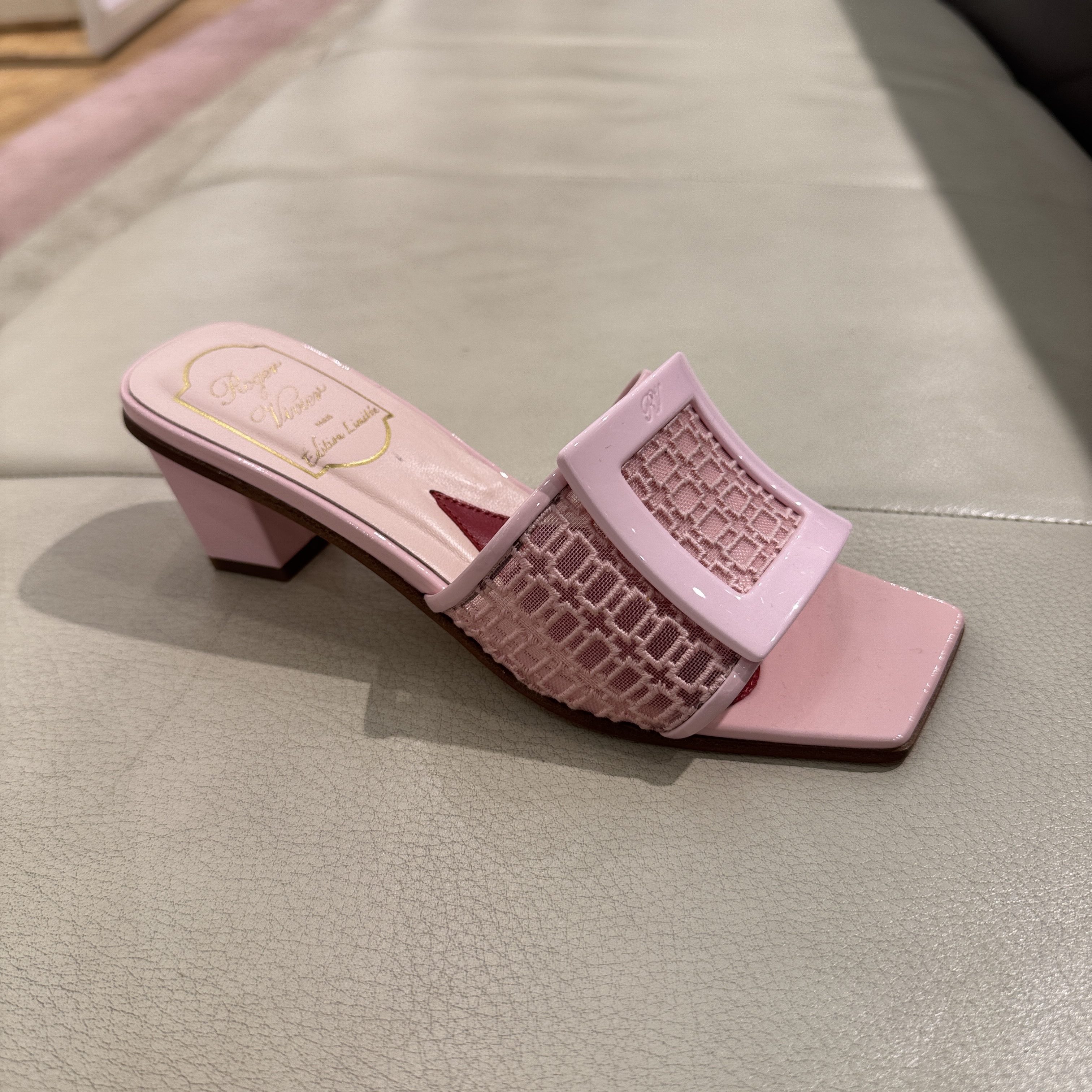 Roger Vivier love mesh leather heels mules slides pink
