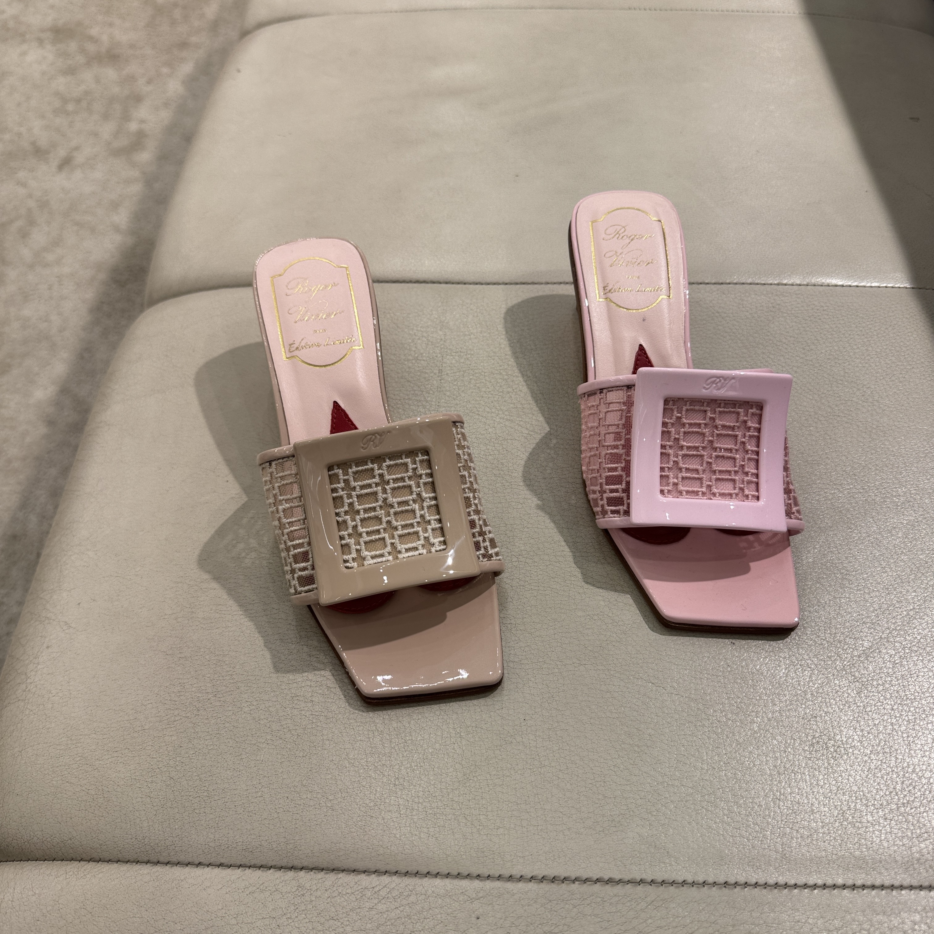 Roger Vivier love mesh leather heels mules slides pink