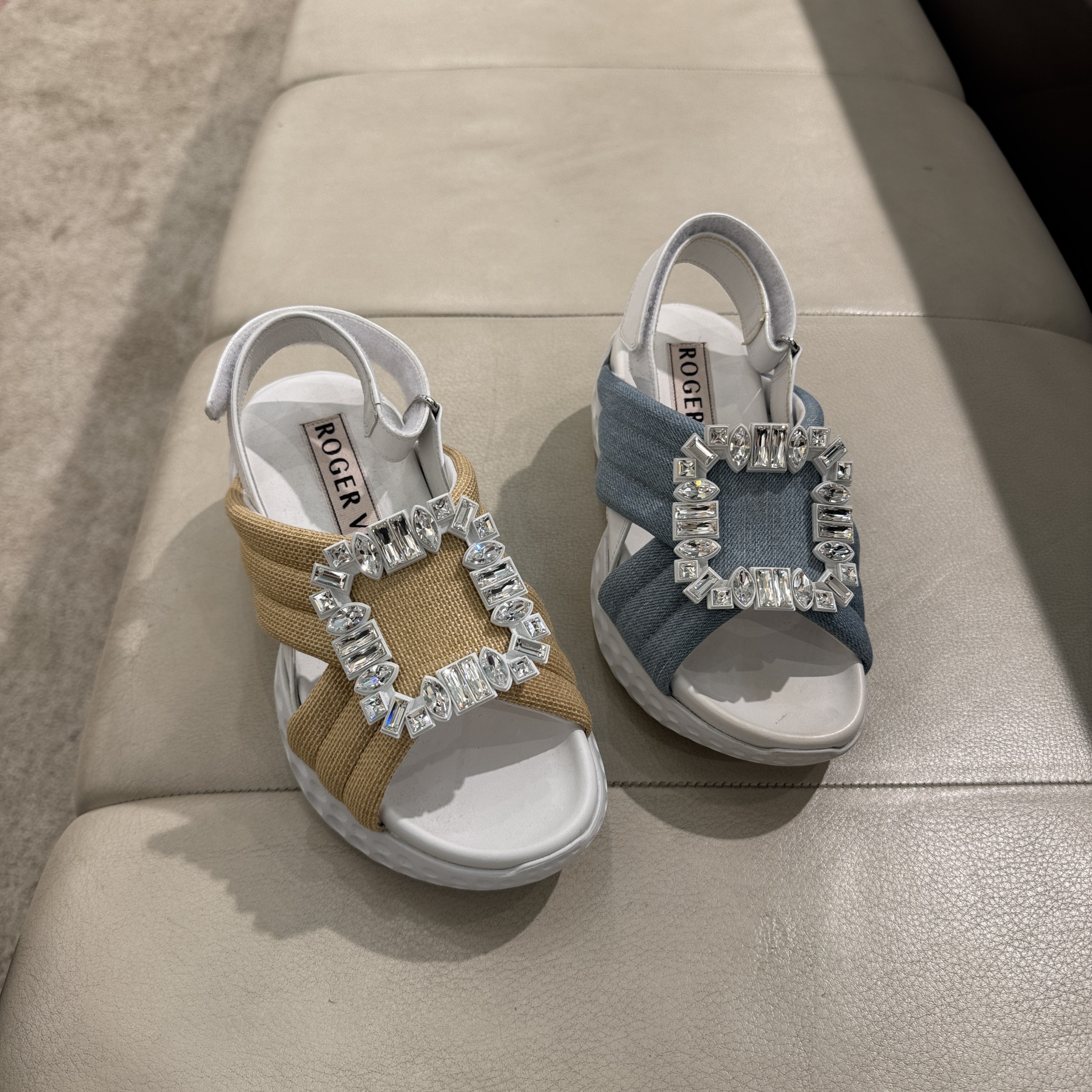 Roger Vivier RV Viv Run Light strass buckle sandals denim