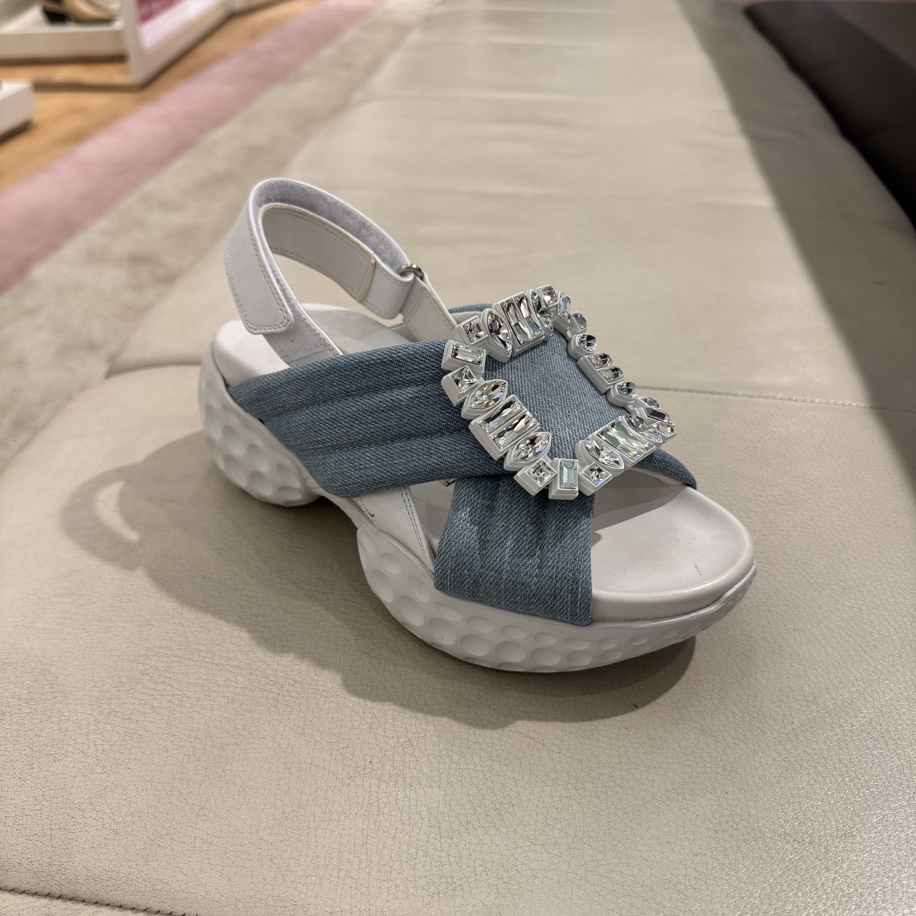 Roger Vivier RV Viv Run Light strass buckle sandals denim