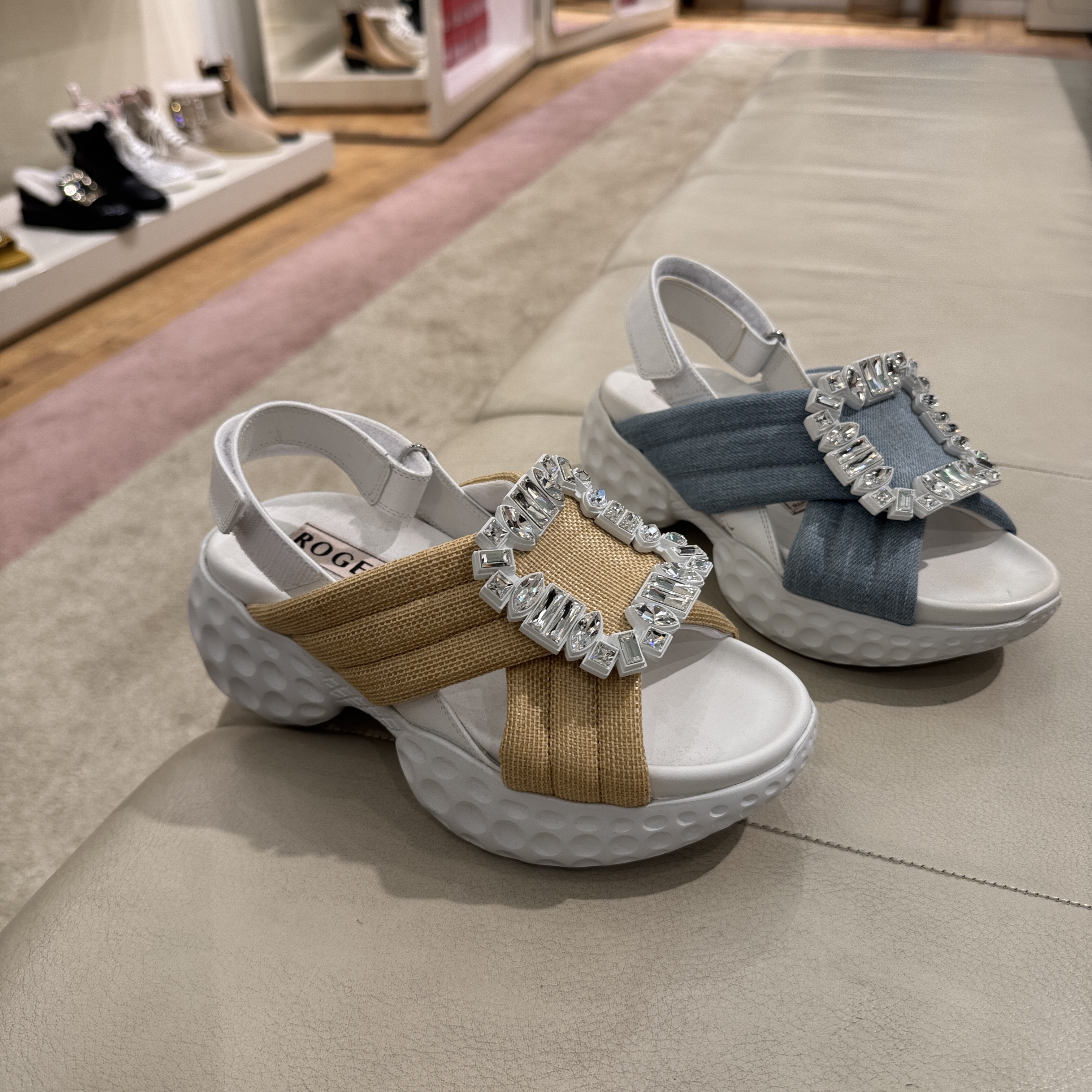 Roger Vivier RV Viv Run Light strass buckle sandals beige