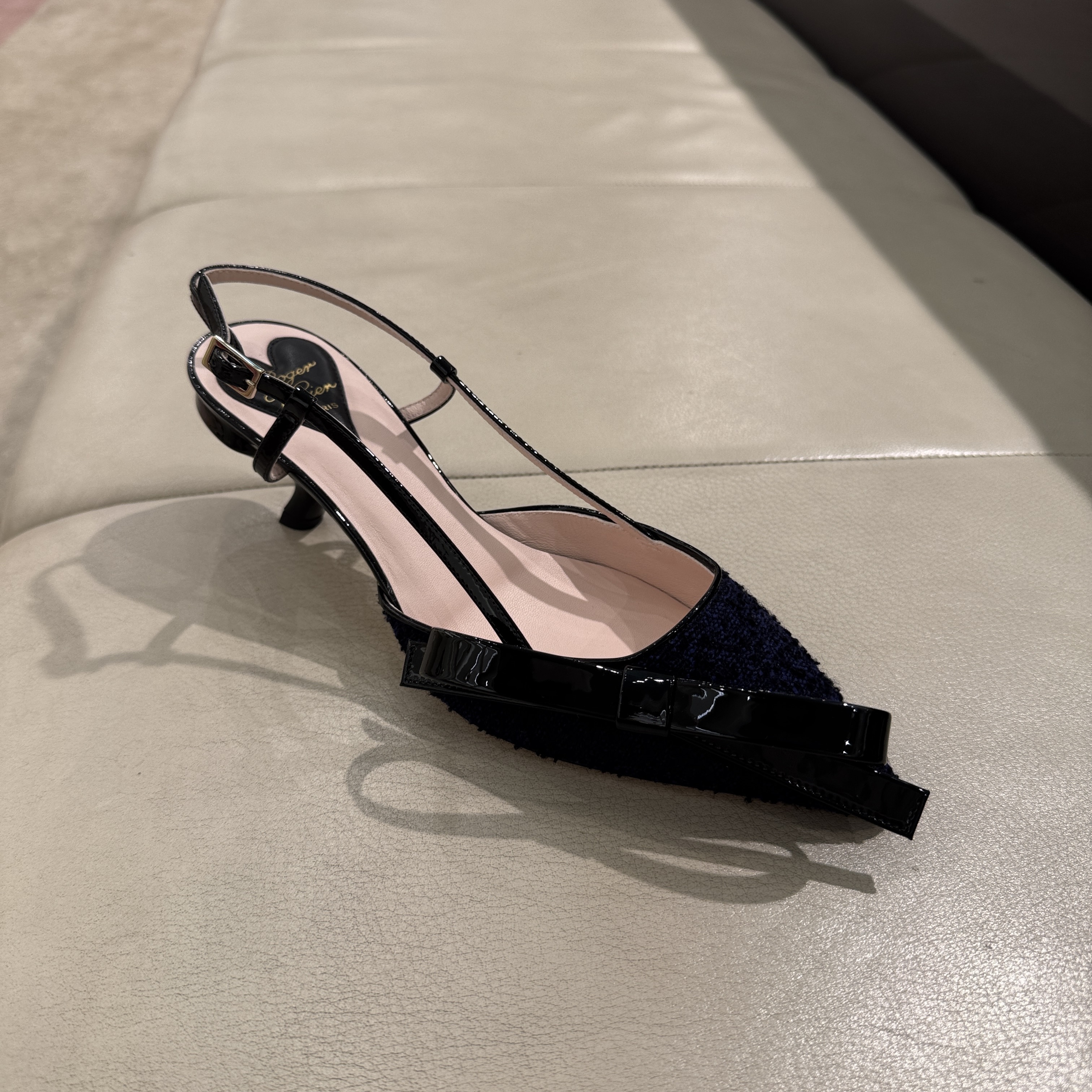 Roger Vivier RV bow slingback heels patent tweed navy