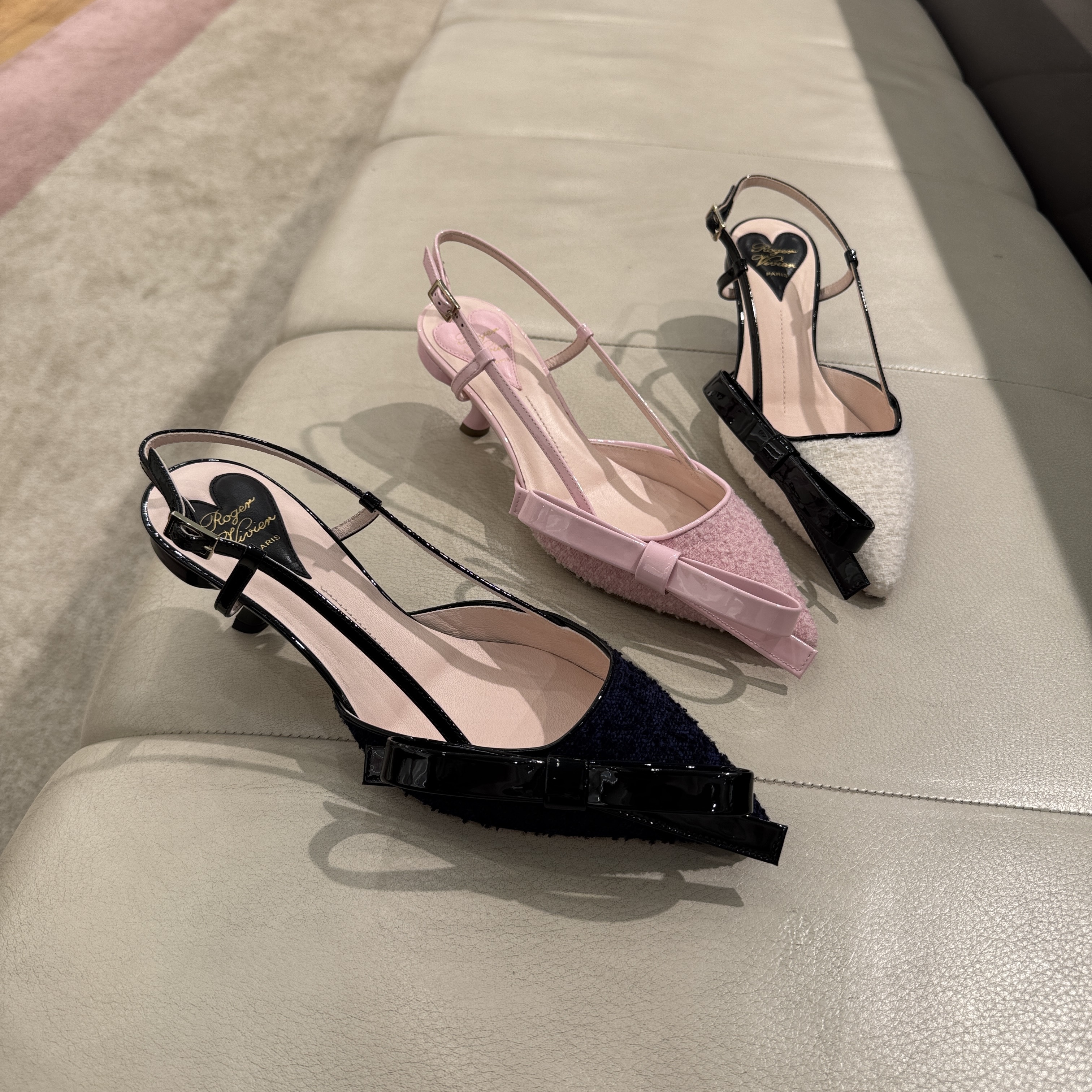 Roger Vivier RV bow slingback heels patent tweed navy