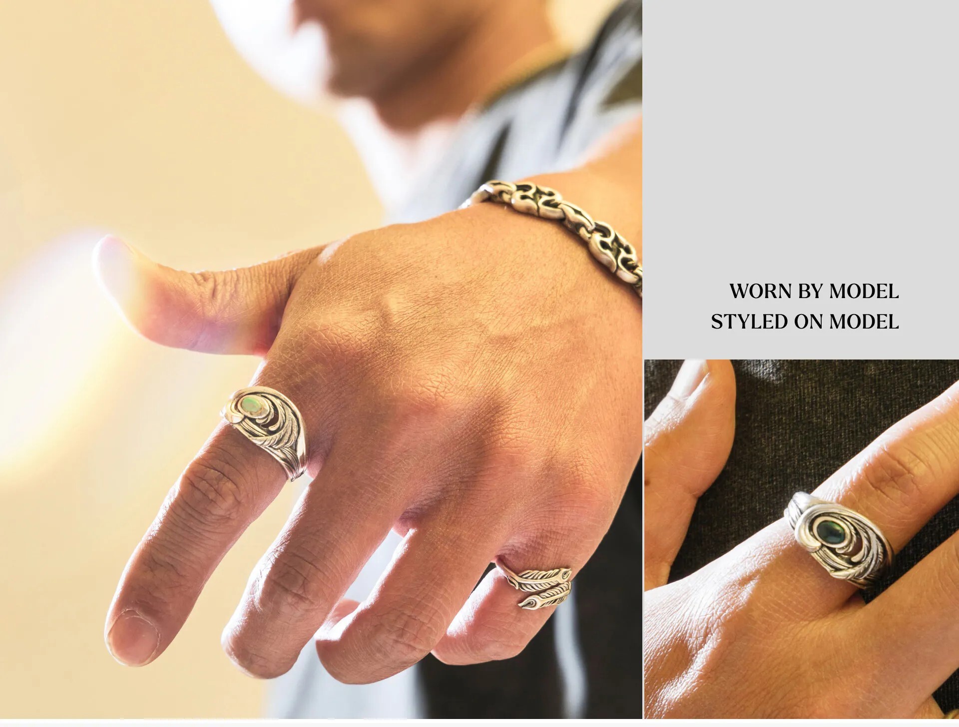 翎火・聖燄戒指配戴照,模特手部近拍展示純銀羽翼火焰造型與蛋白石戒面,呈現立體紋理與日常穿搭效果。