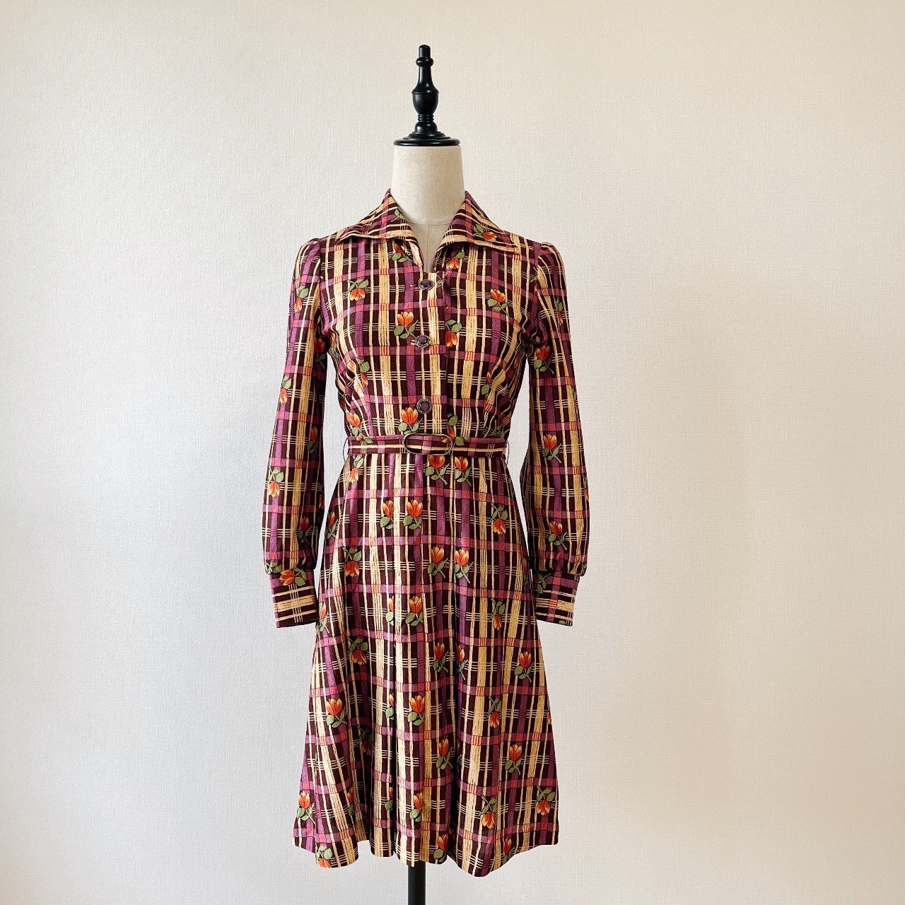 啡紫相間和風格紋連身裙