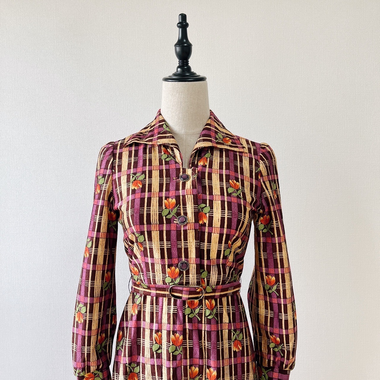 啡紫相間和風格紋連身裙