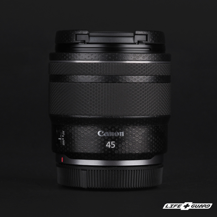 LIFE+GUARD 鏡頭貼膜安裝示意圖，適用 Canon RF 45mm F1.2 STM