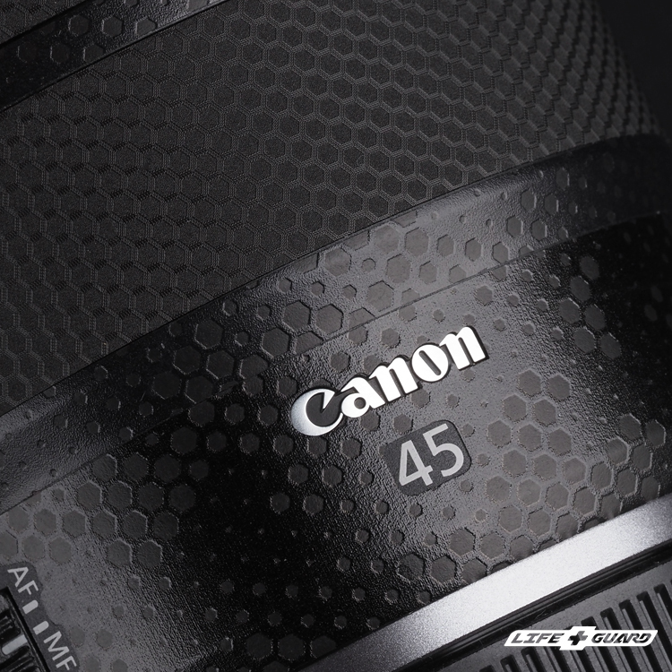 Canon RF 45mm F1.2 STM 鏡頭貼膜特寫，LIFE+GUARD 設計風格