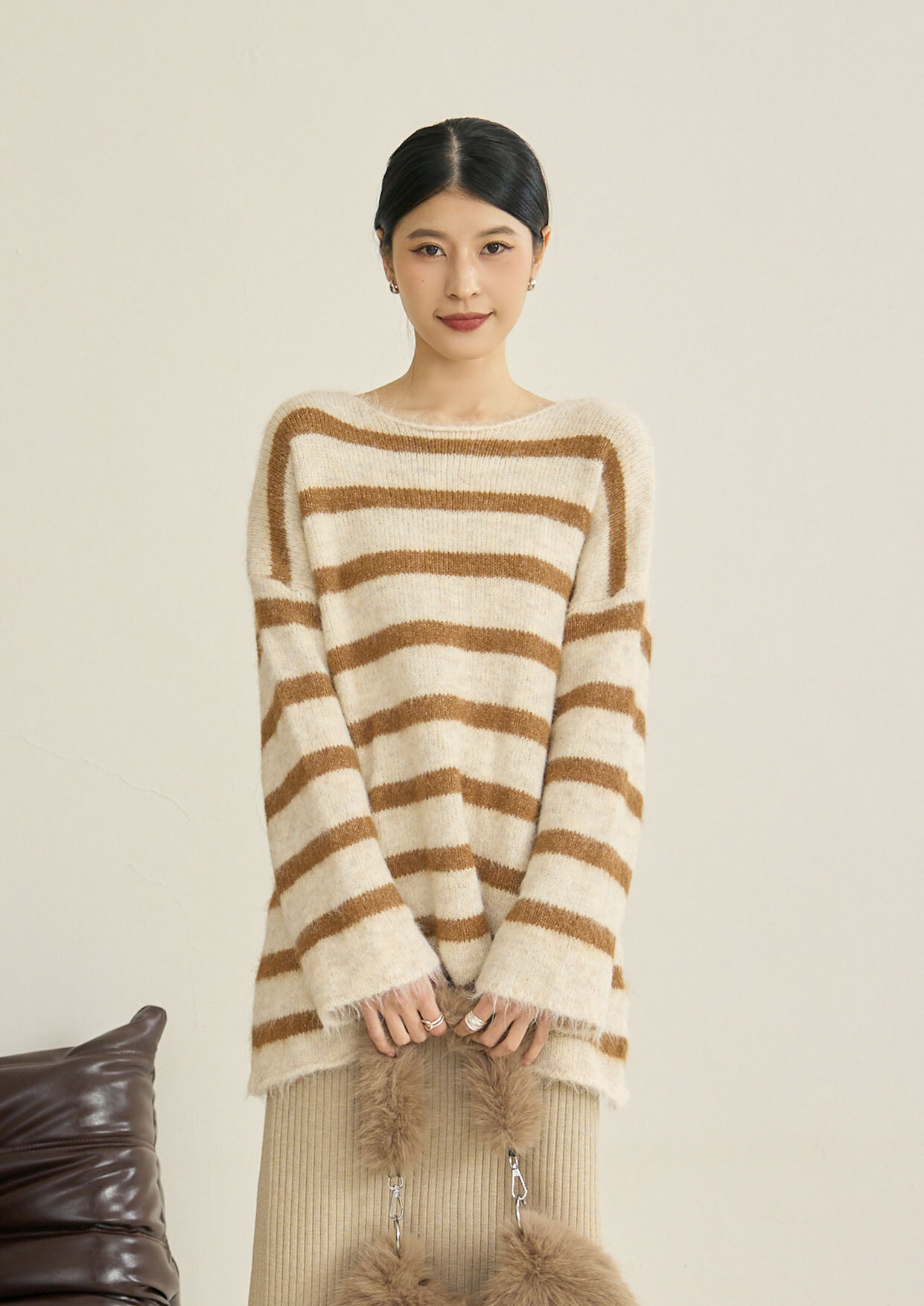 條紋捲邊長版毛衣上衣