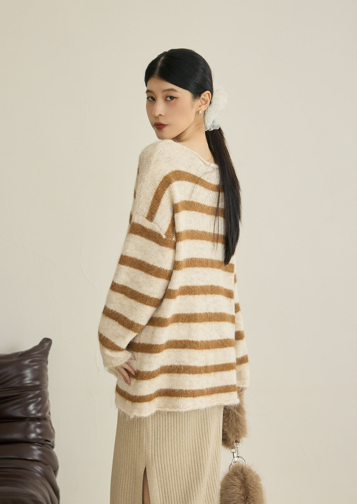 條紋捲邊長版毛衣上衣