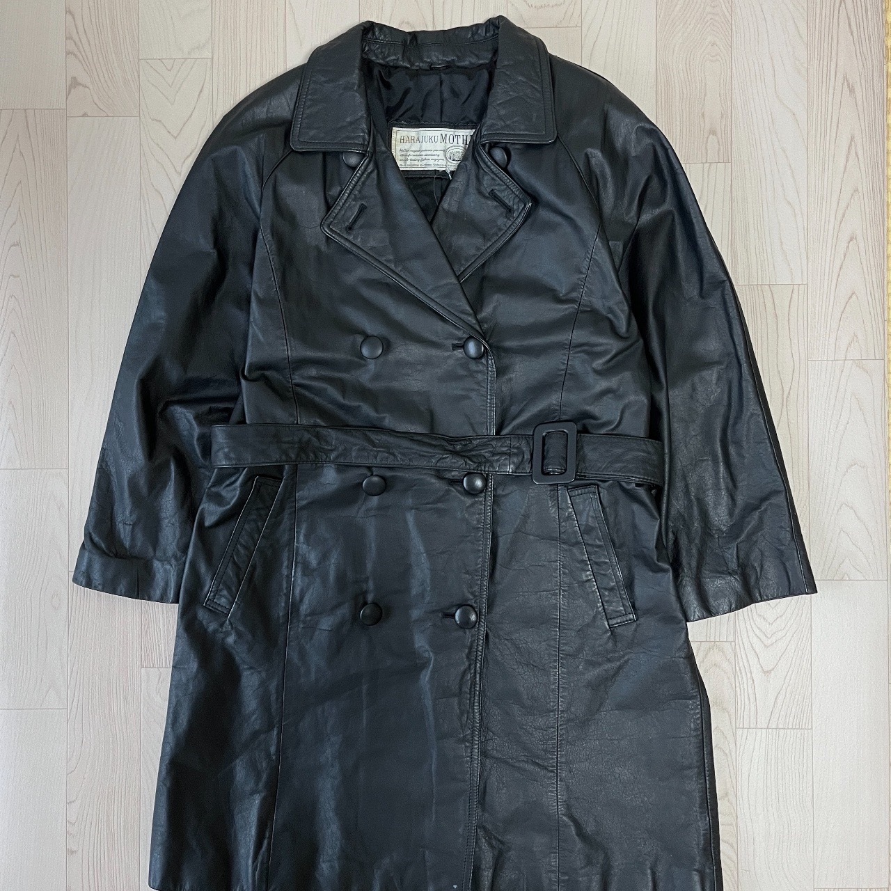 HARAJUKU MOTHER黑色孖襟牛皮皮褸