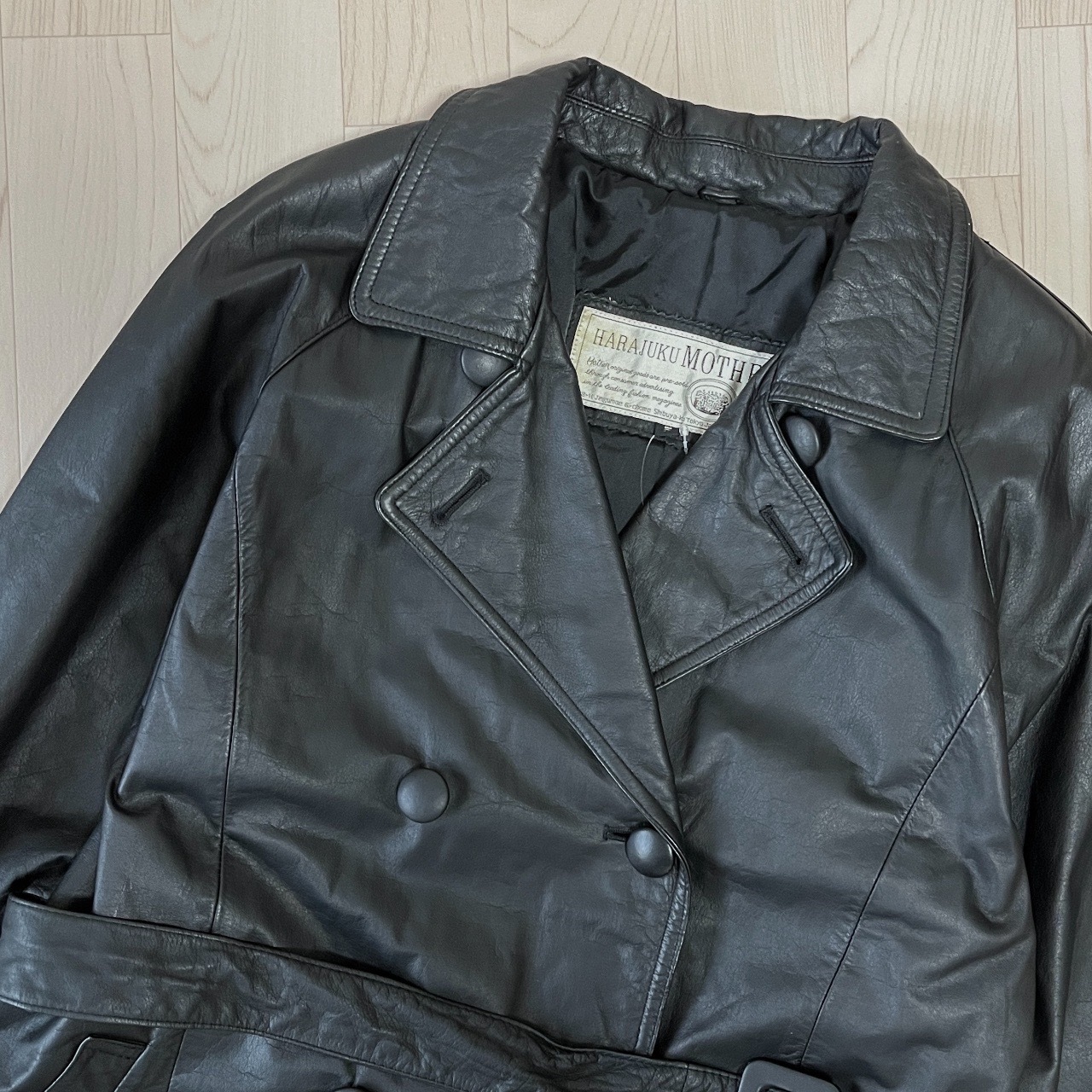 HARAJUKU MOTHER黑色孖襟牛皮皮褸